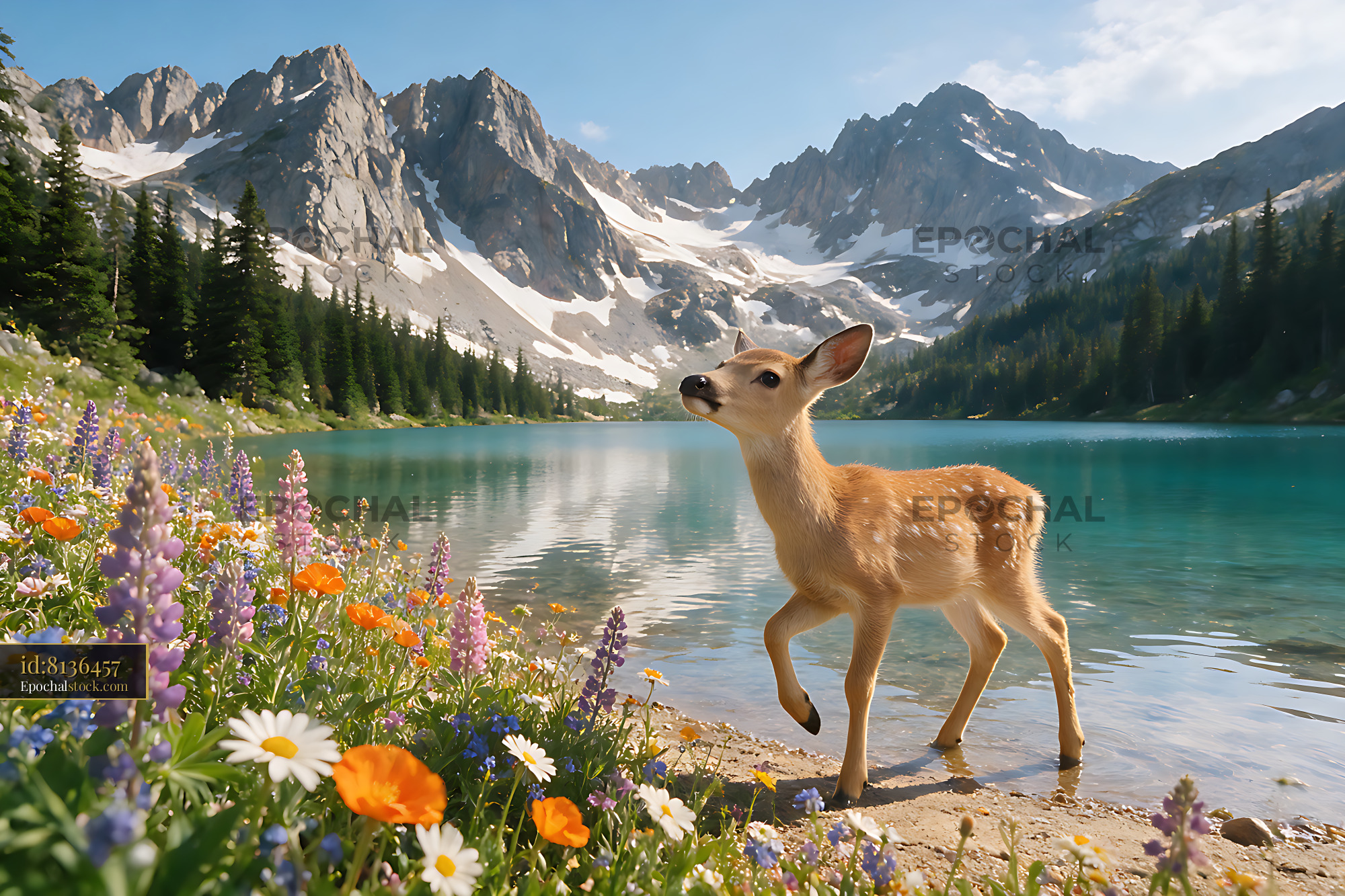 Watermarked full-resolution preview of Deer at a turquoise alpine lake beneath snowy mountains