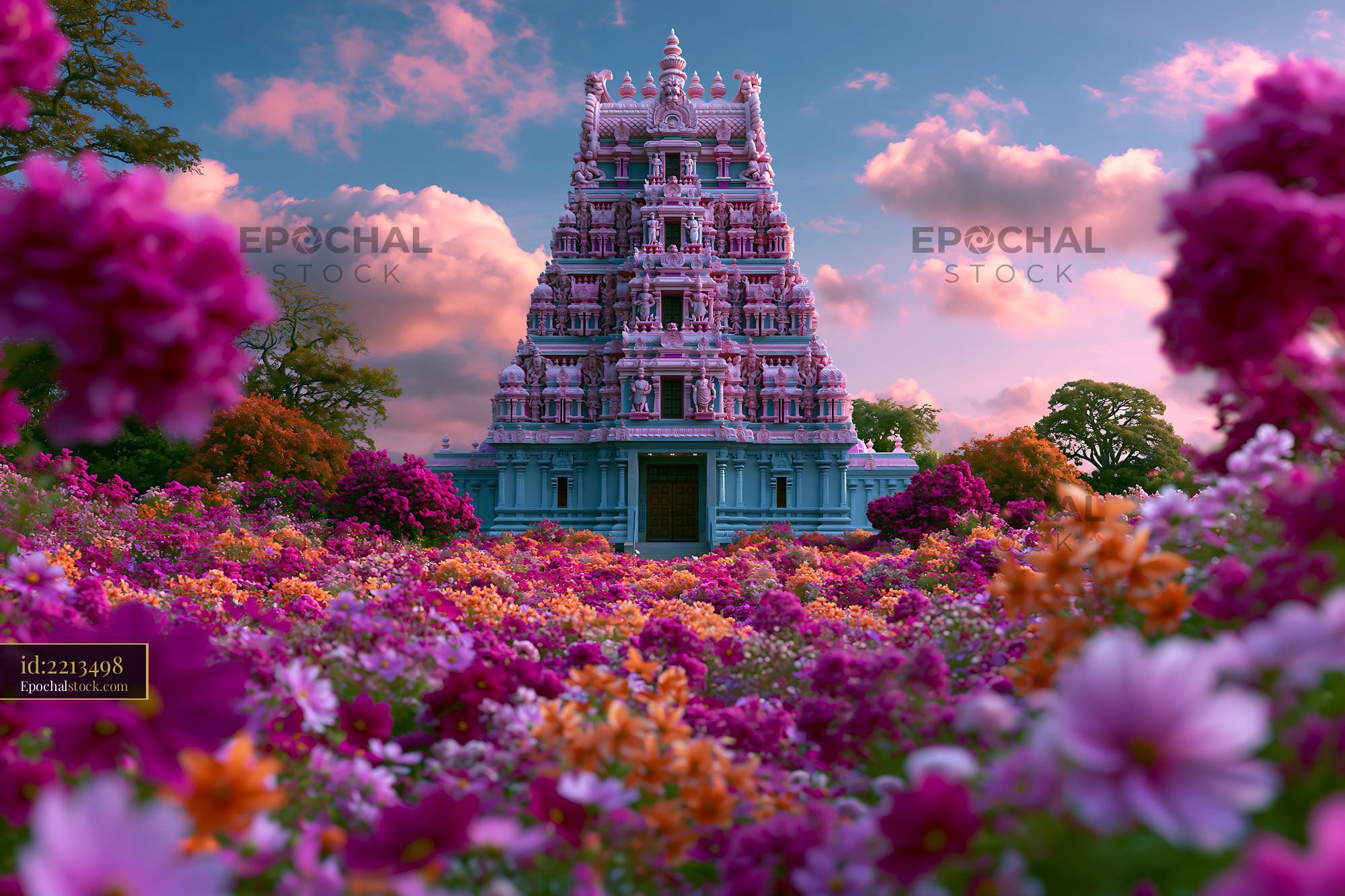 Watermarked full-resolution preview of Temple surrounded by colorful flowers at sunset