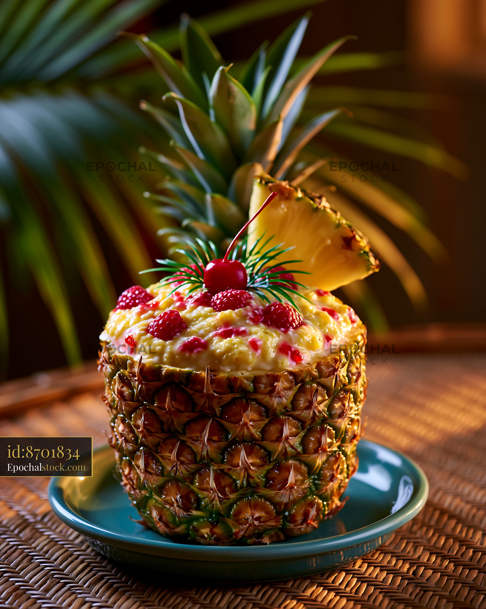 Watermarked full-resolution preview of Fresh fruit dessert served in a pineapple on a blue plate