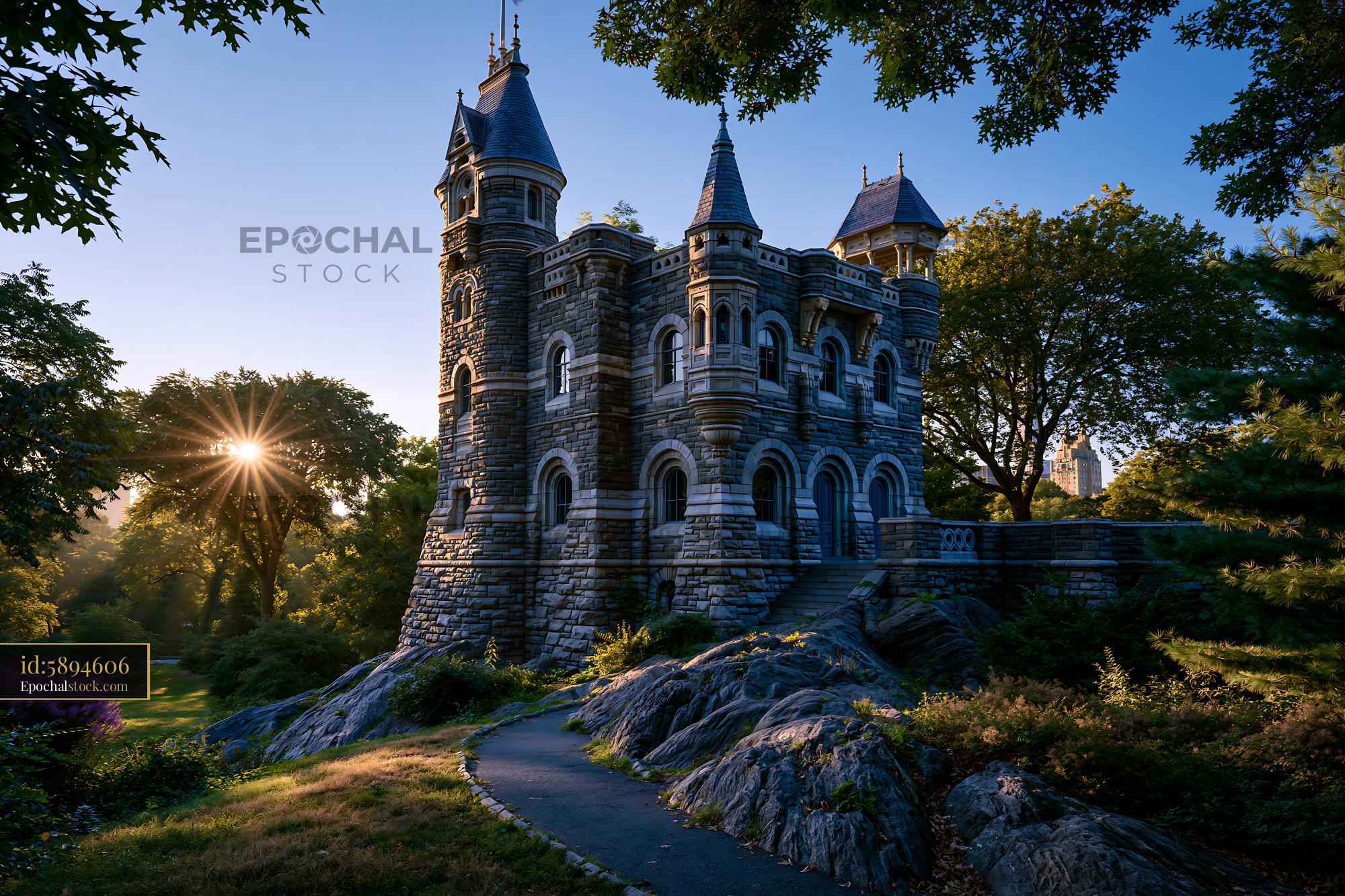 Watermarked full-resolution preview of Historic castle with towers and bright sun in a city park