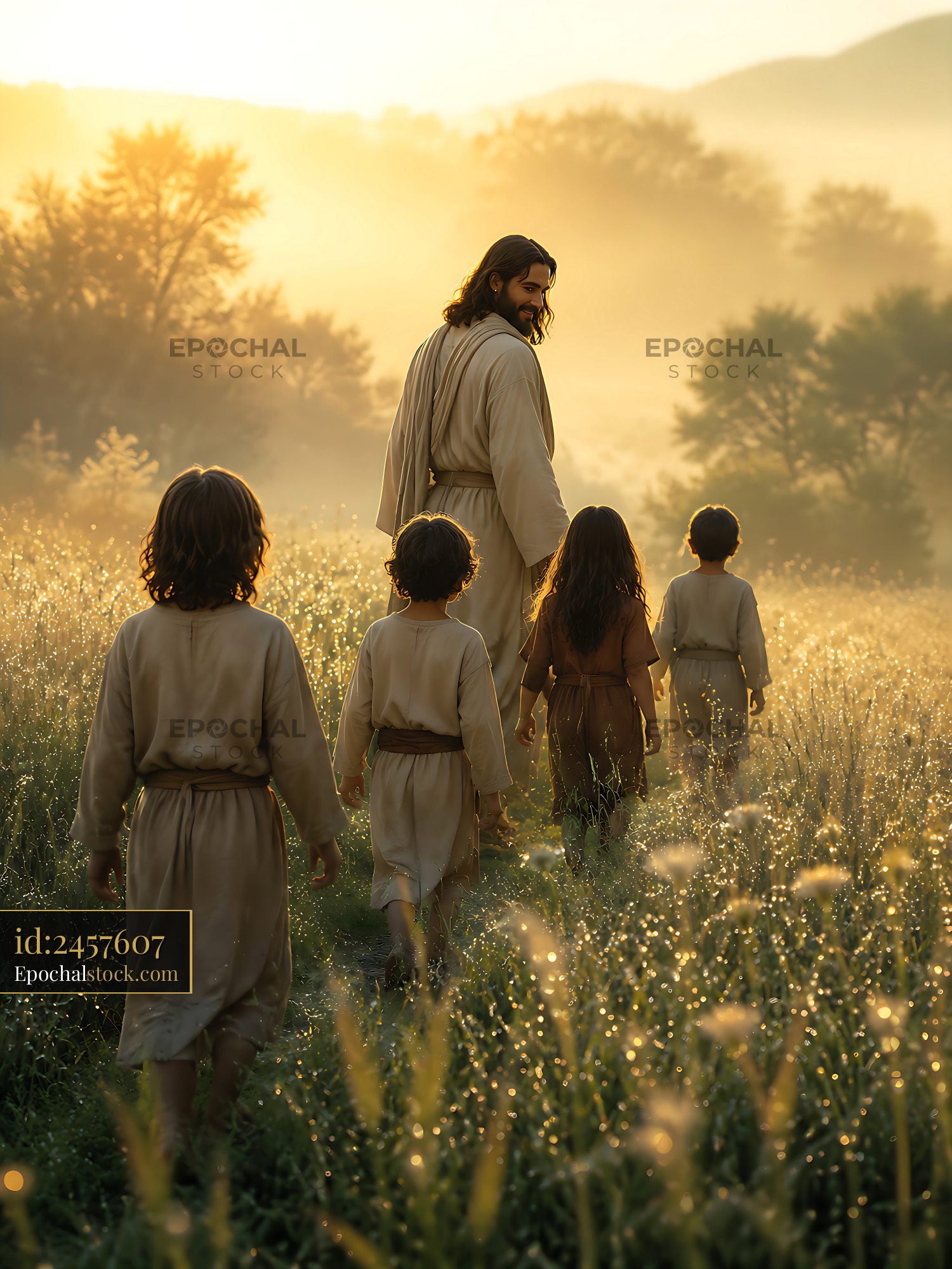 Watermarked full-resolution preview of Walking in the sunlight with children in a grassy field