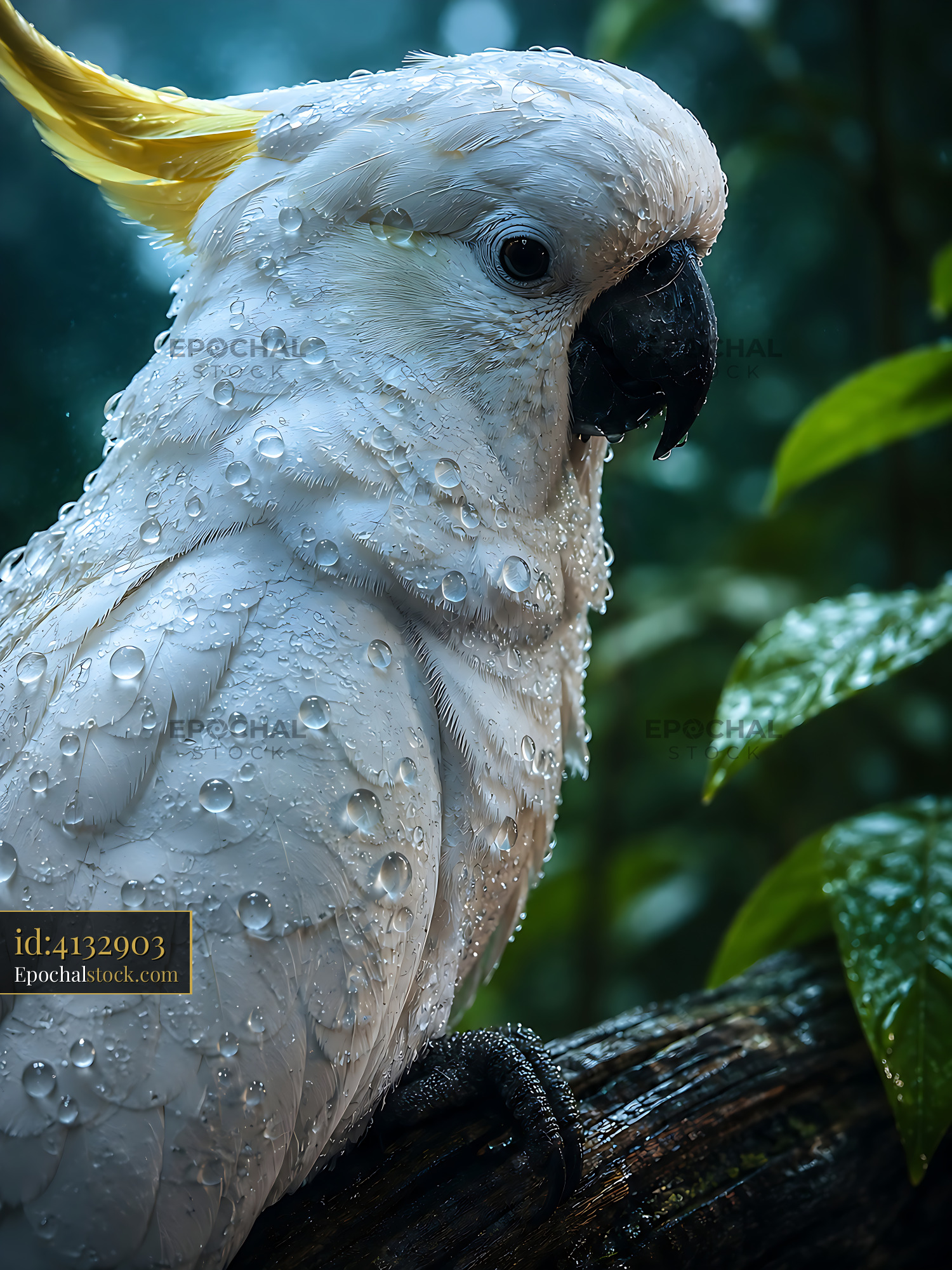 Watermarked full-resolution preview of Close-up of a wet cockatoo in a tropical forest