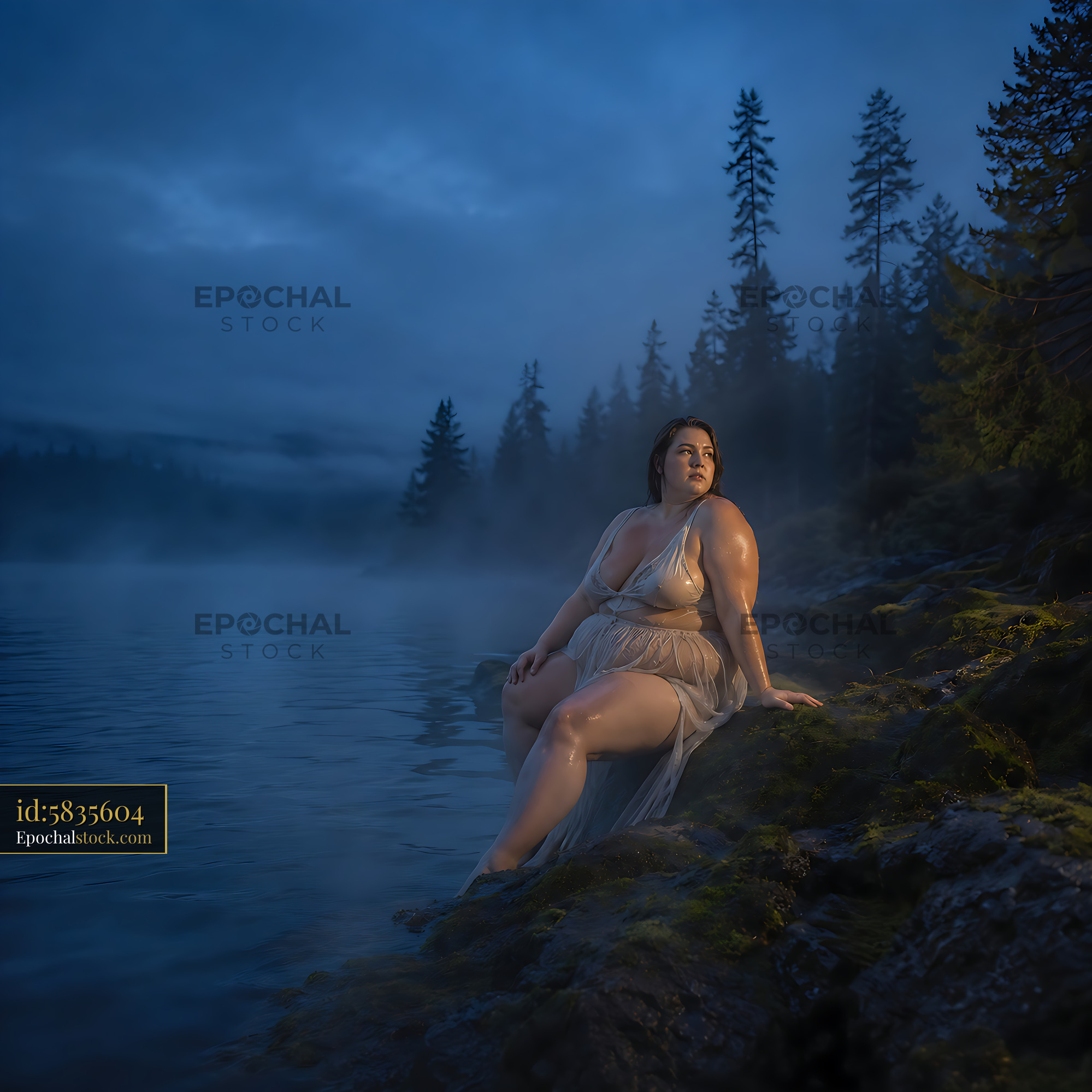 Woman Sitting by Water in Evening Light With Trees in Background - stock photo