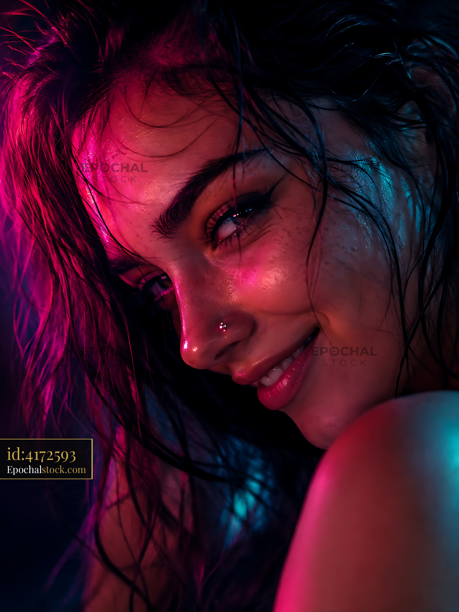 Woman Smiling in Colorful Light With Water Droplets on Skin — stock example for Seedream 4.5 solution examples