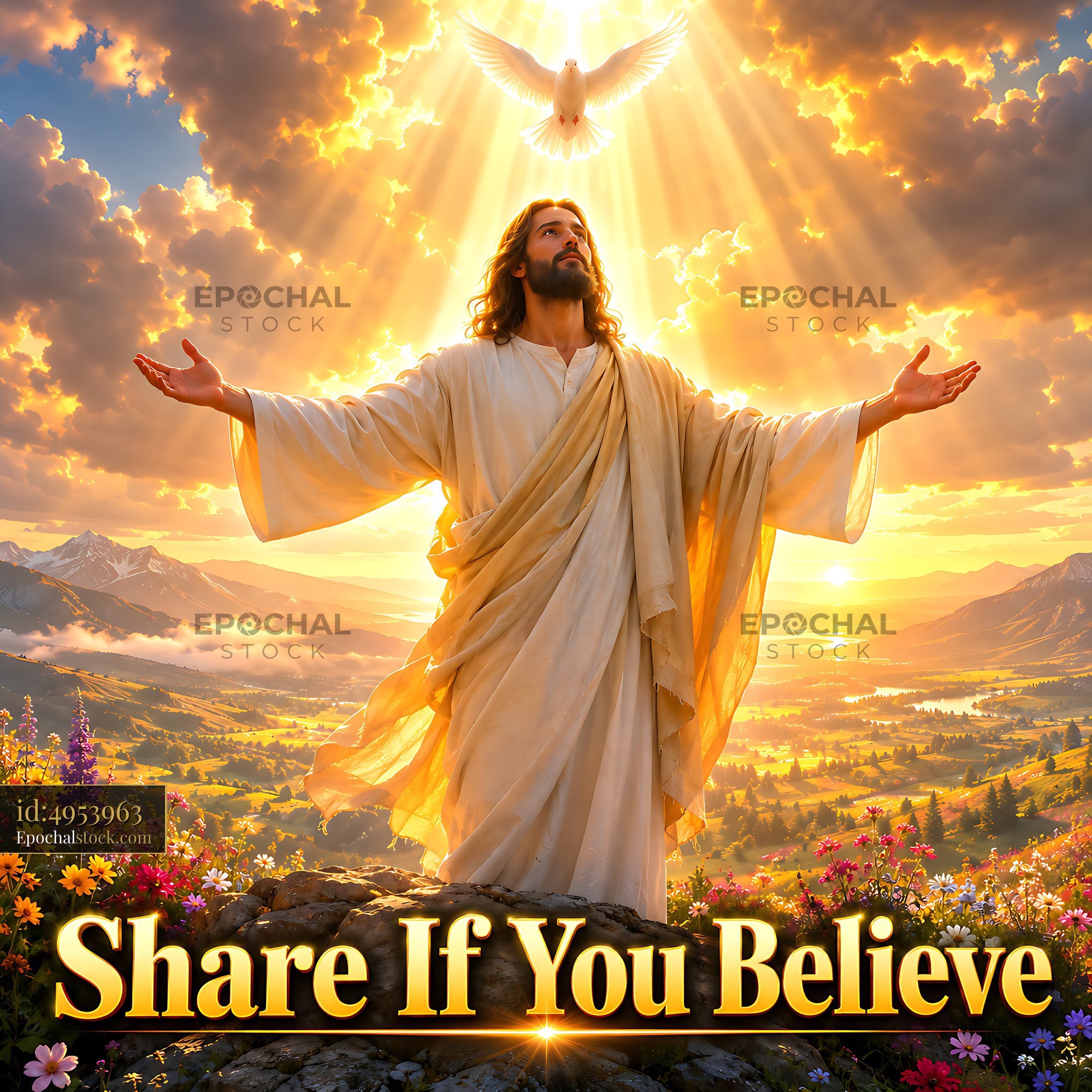 Watermarked full-resolution preview of Light surrounds figure with open arms amidst mountains