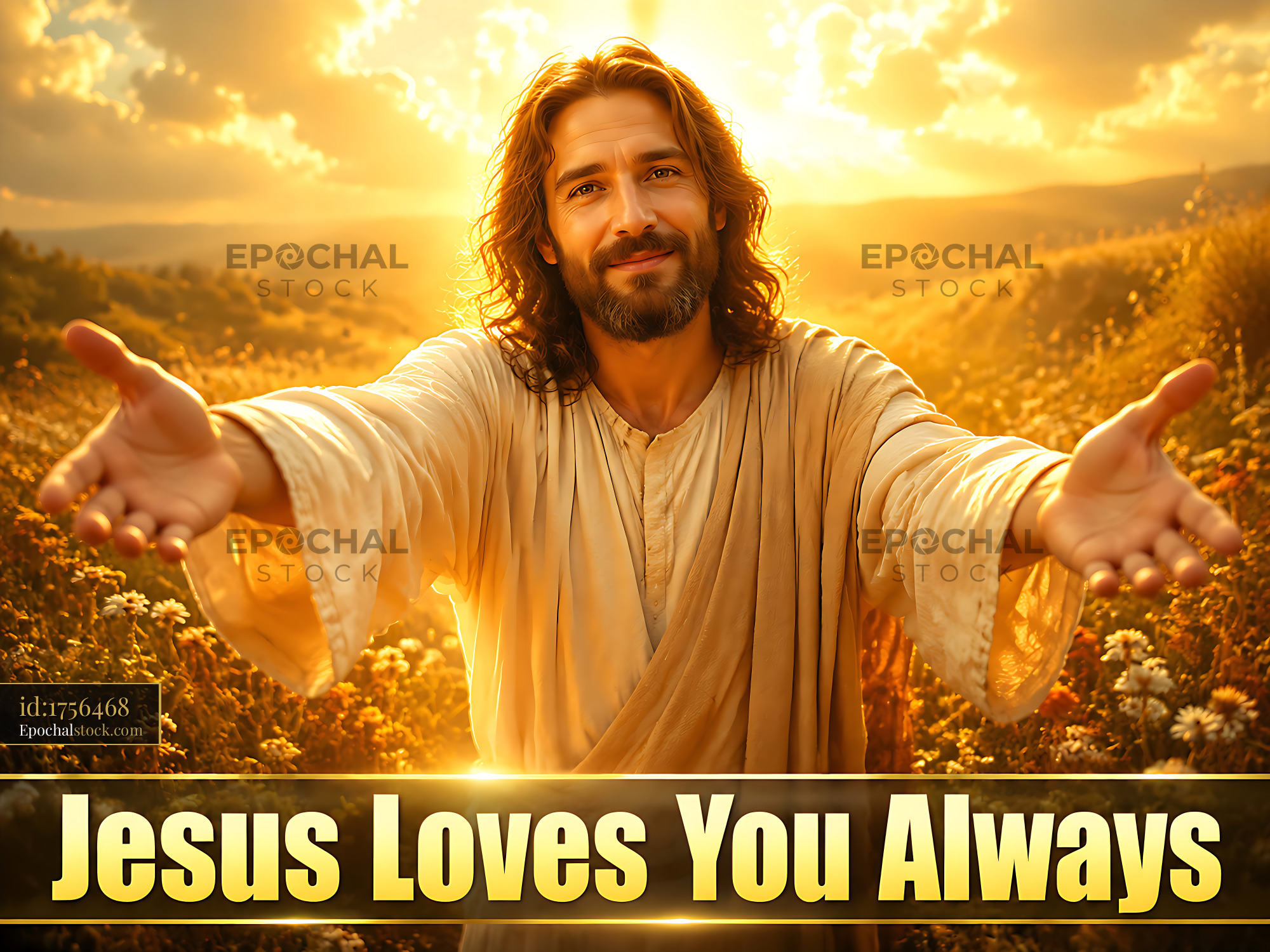 Watermarked full-resolution preview of Jesus shares love and hope in a golden landscape