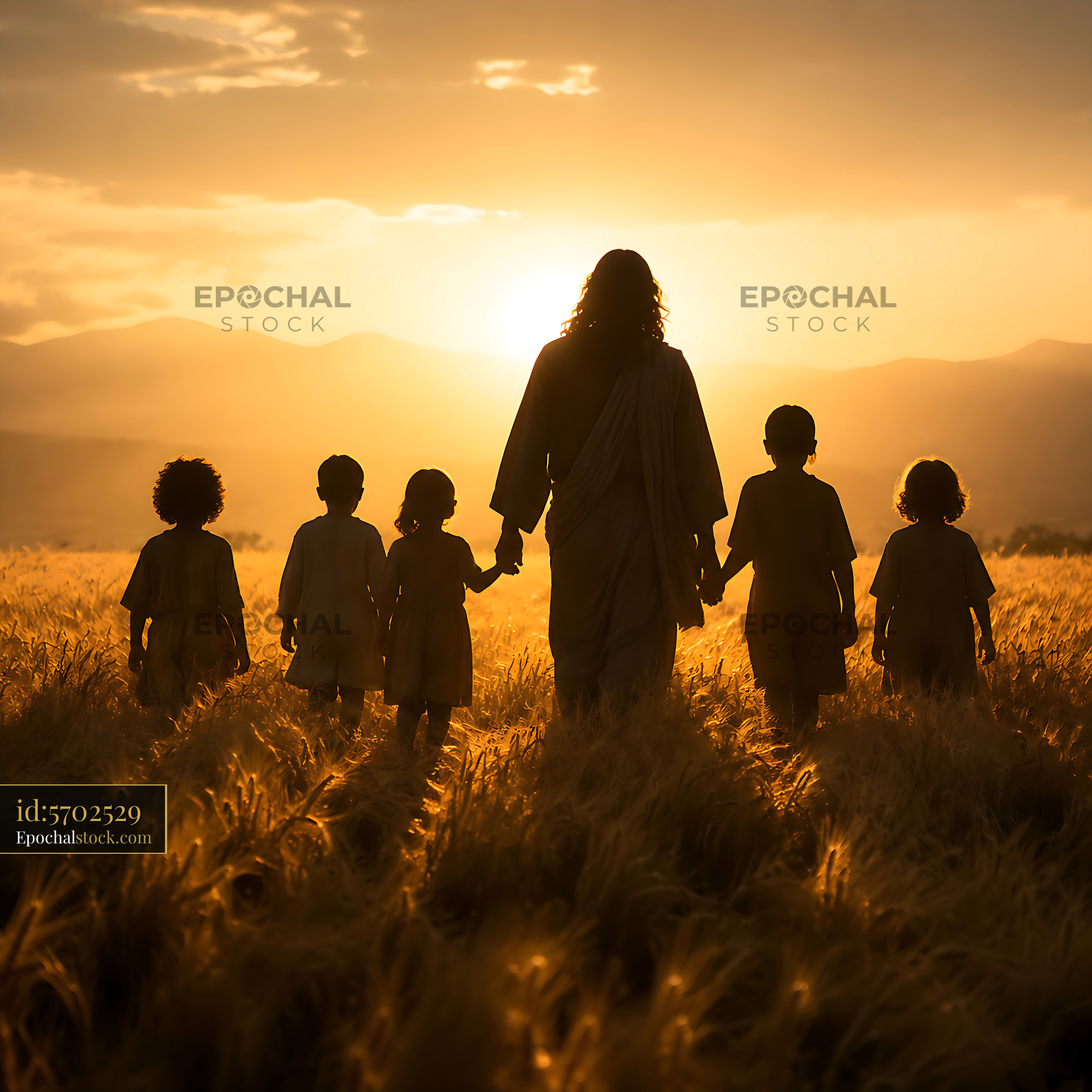 Watermarked full-resolution preview of Sunset walk through a wheat field with children