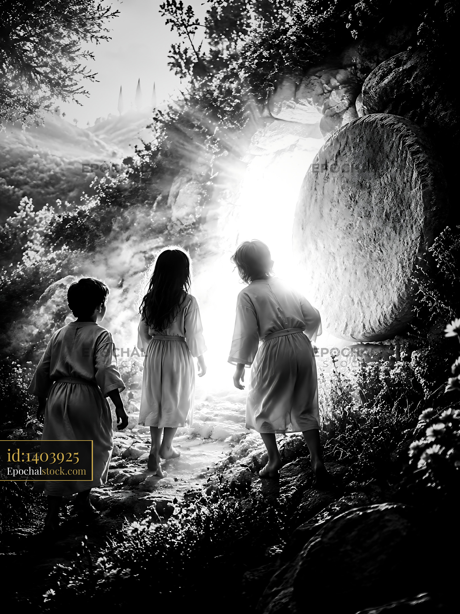 Watermarked full-resolution preview of Children explore a lighted entrance in a forest