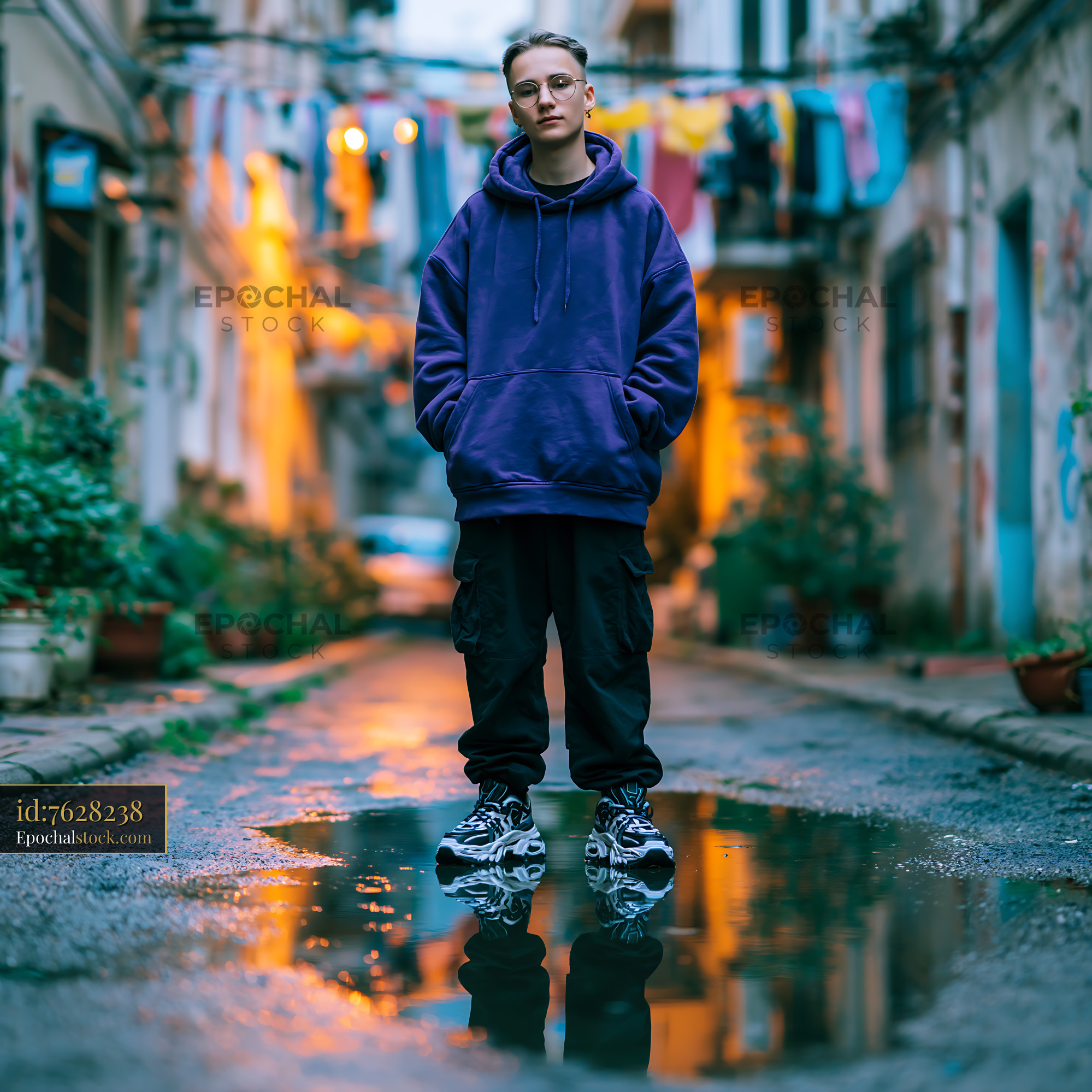 Watermarked full-resolution preview of Person standing in the street with colorful clothes drying above