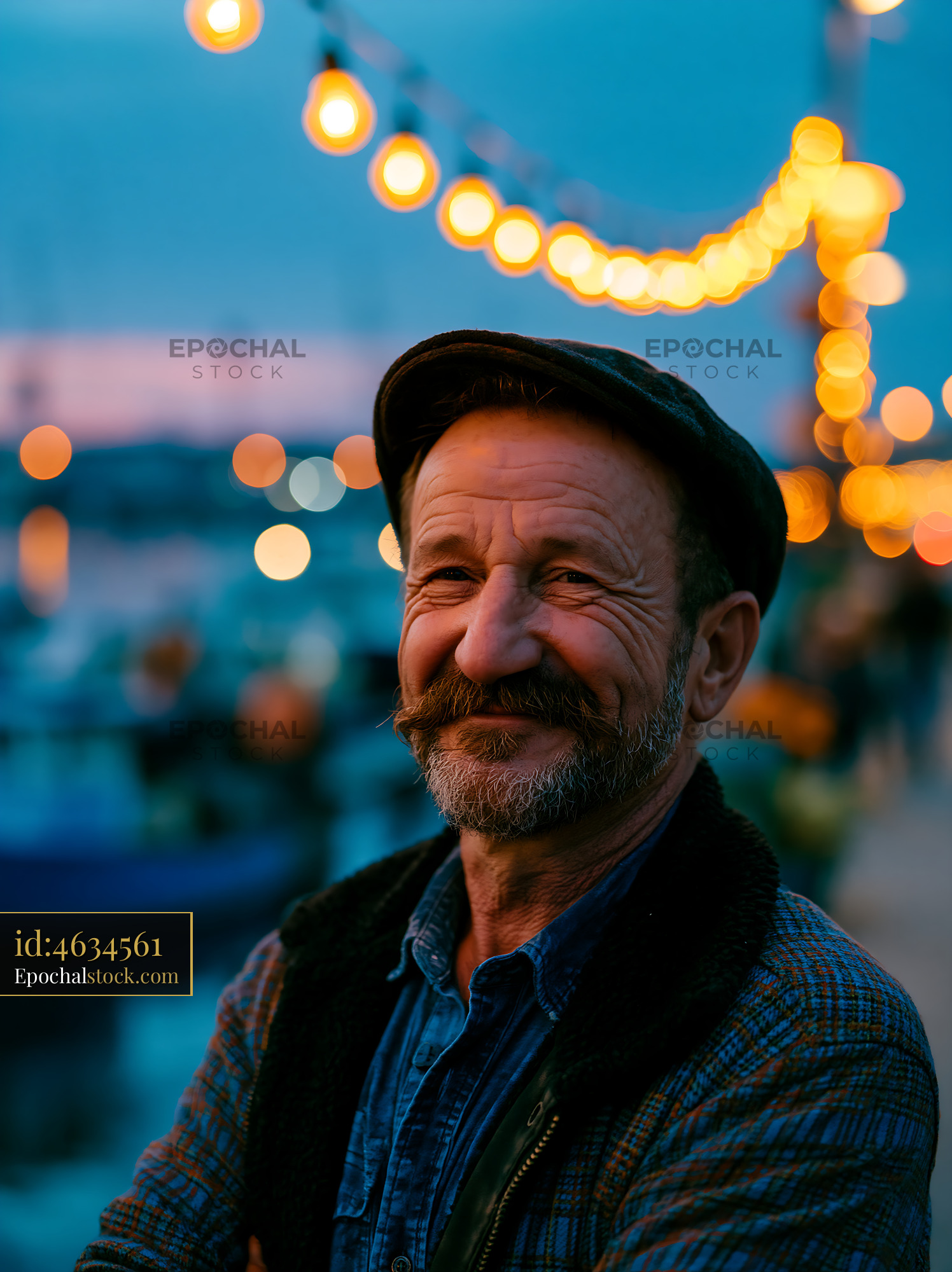 Watermarked full-resolution preview of Man smiling near string lights at nighttime waterfront