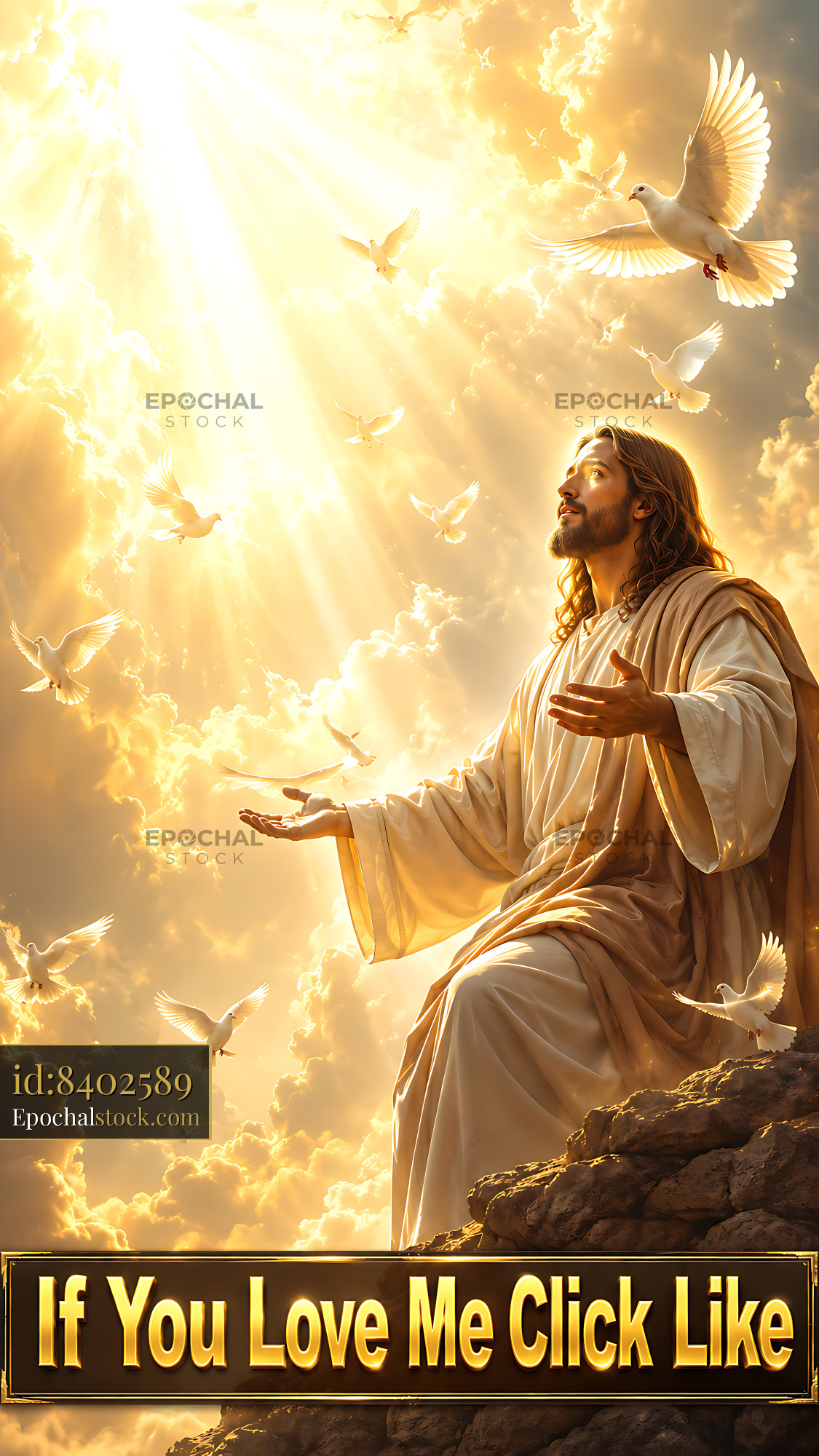 Watermarked full-resolution preview of Jesus with doves in a bright sky