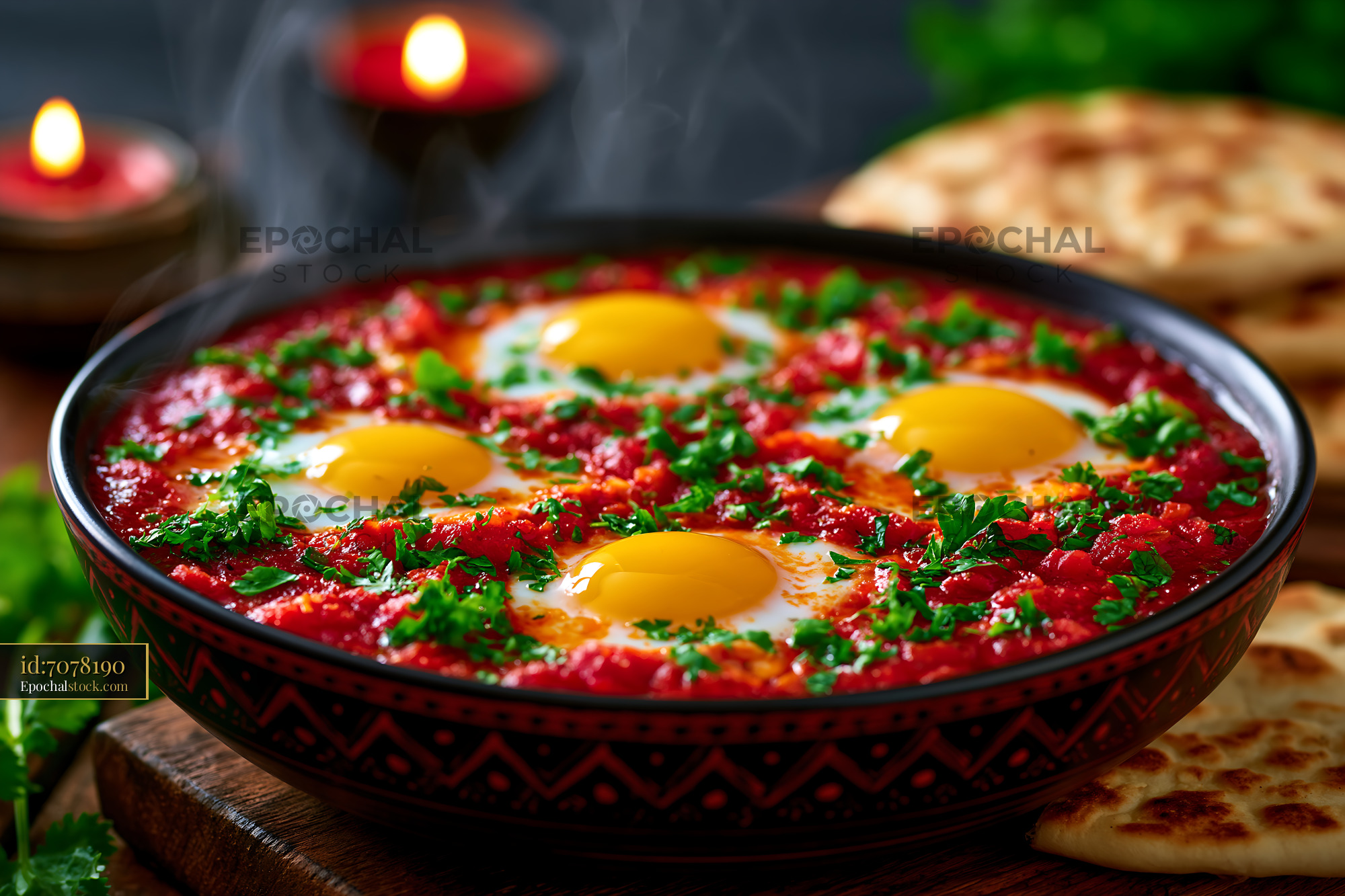 Watermarked full-resolution preview of Eggs cooked in a spicy tomato sauce served with flatbread
