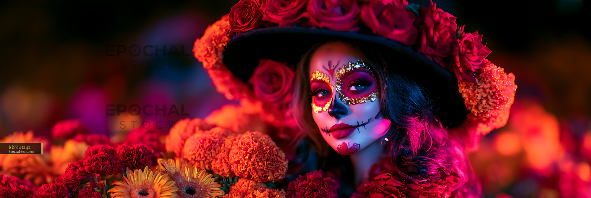 Watermarked full-resolution preview of Colorful floral portrait with skull-inspired face paint