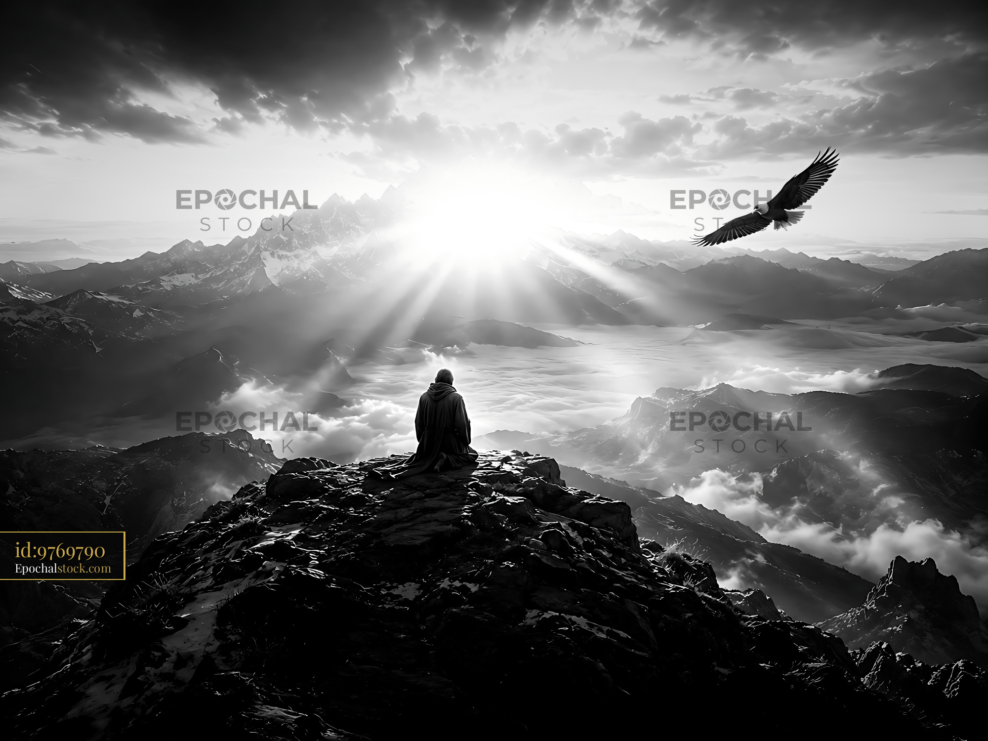 Watermarked full-resolution preview of Person sitting on a rock with mountain view at sunrise