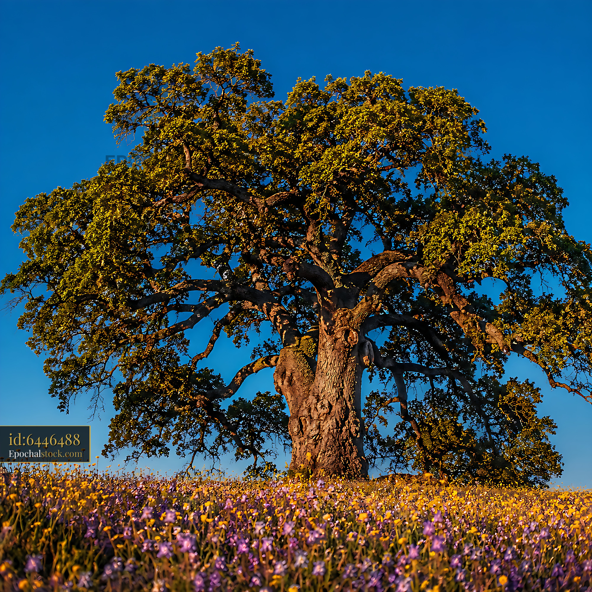 Watermarked full-resolution preview of Large oak tree in a blooming field against a clear blue sky