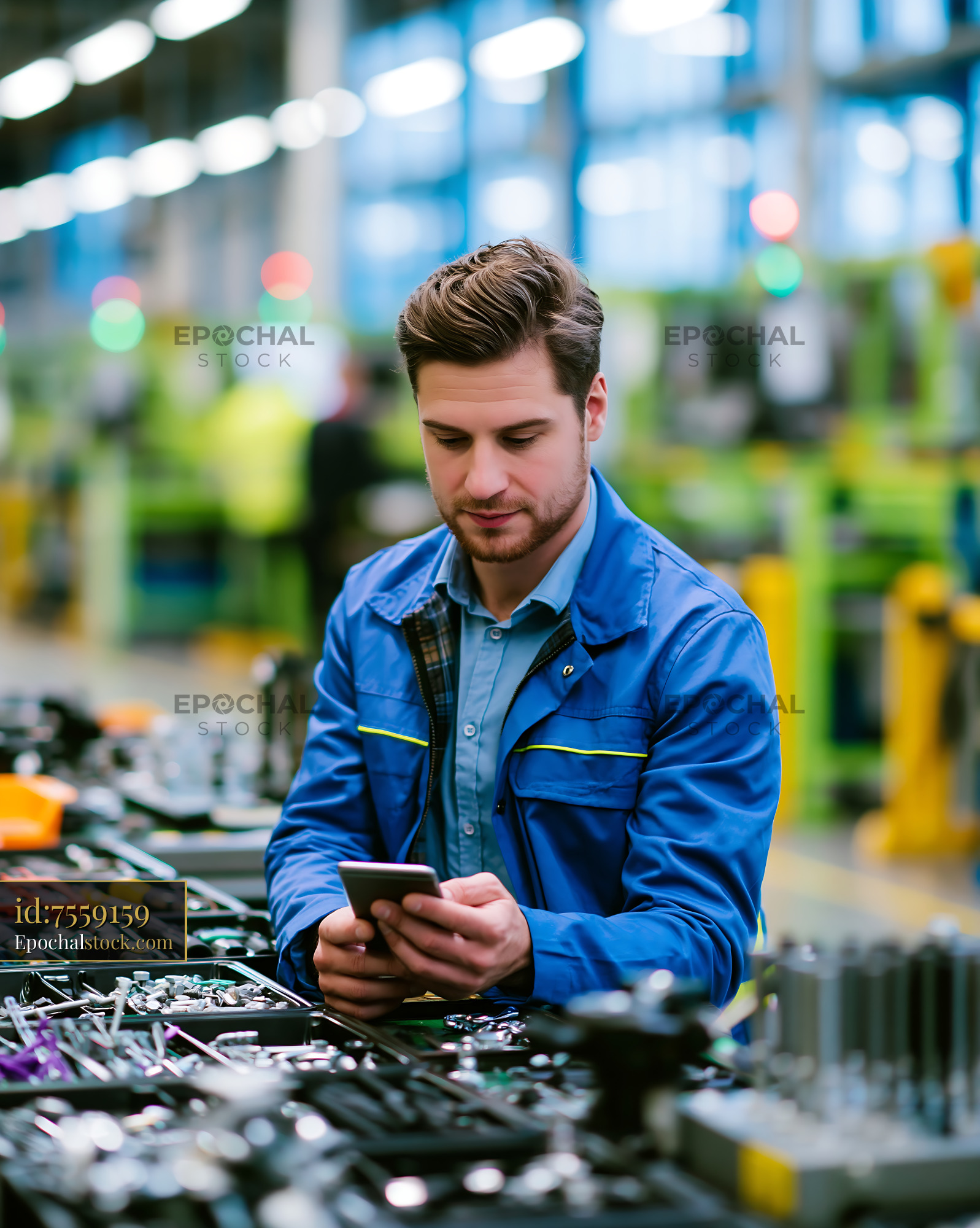 Watermarked full-resolution preview of Worker using smartphone in manufacturing facility