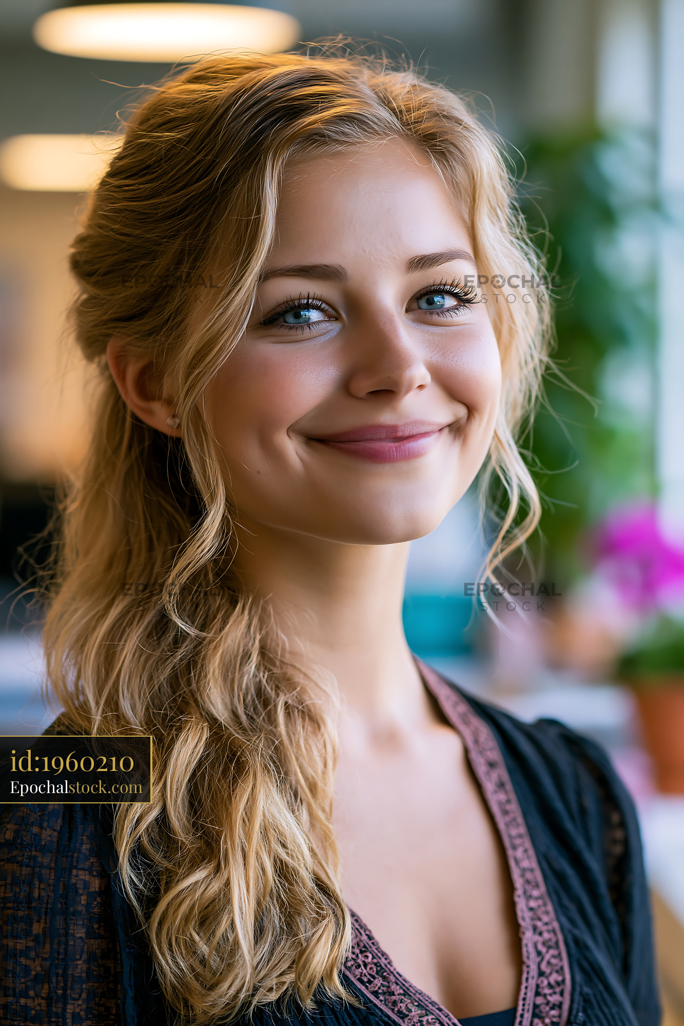 Watermarked full-resolution preview of Smiling woman with long hair in a bright indoor setting