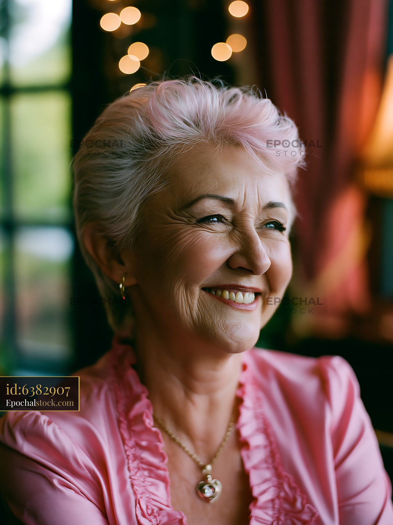 Watermarked full-resolution preview of Smiling older woman with short hair in a cozy indoor setting