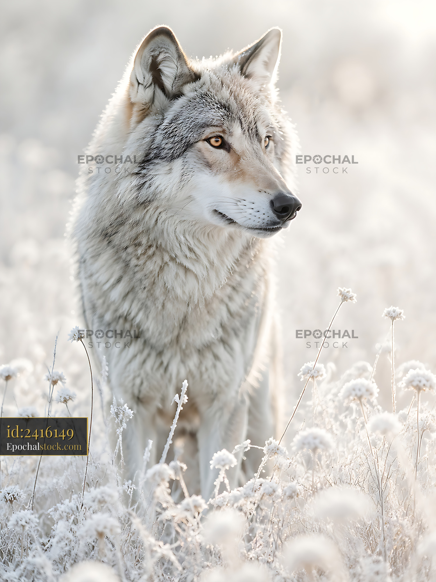 Wolf Stands in a Snowy Field Surrounded by White Flowers - stock photo