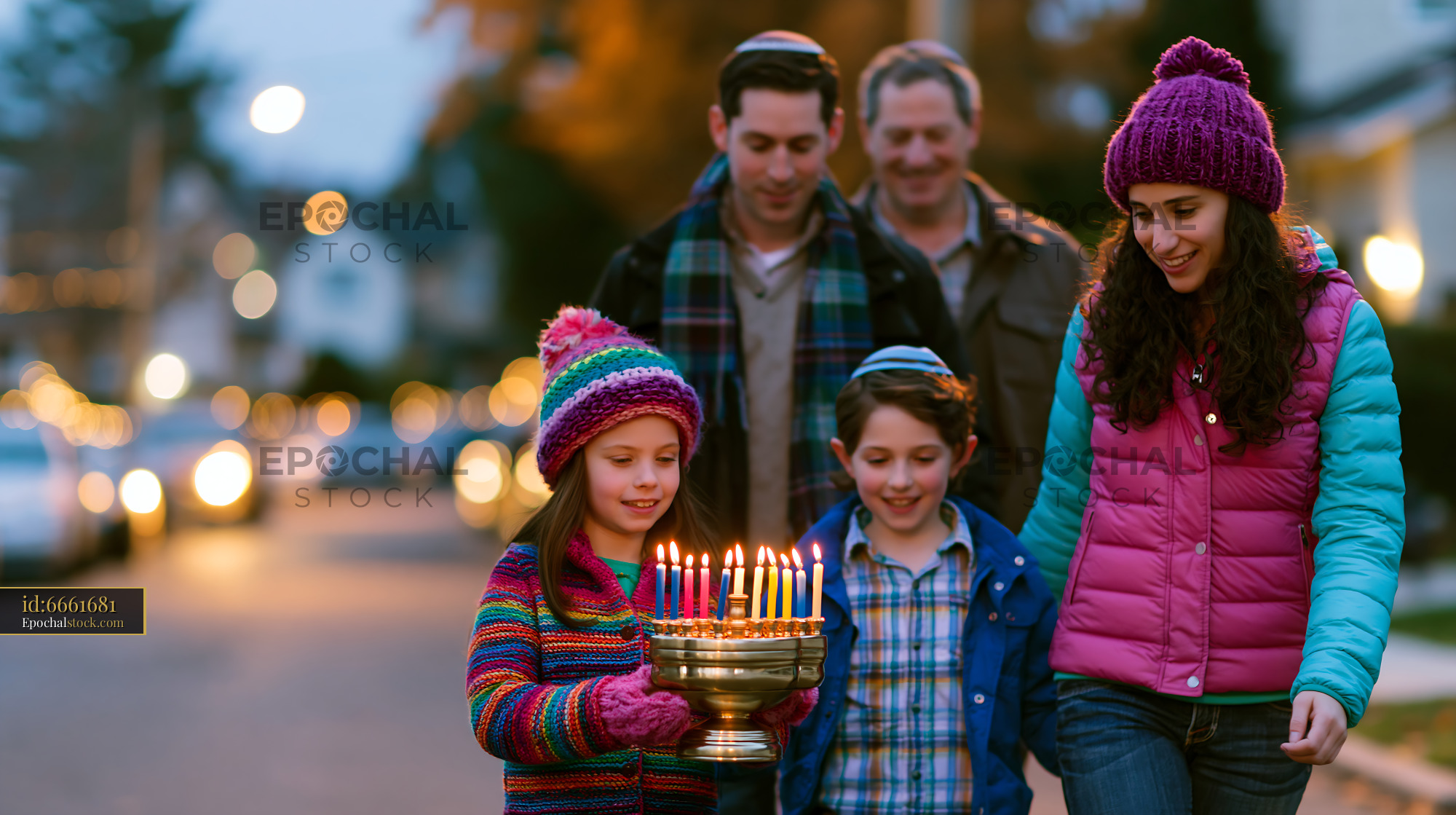 Watermarked full-resolution preview of Family celebrating Hanukkah outdoors at dusk