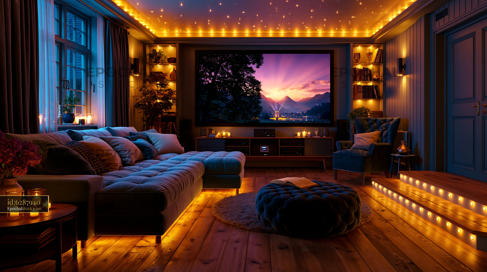 Watermarked full-resolution preview of Cozy living room with warm lighting and a beautiful mountain view