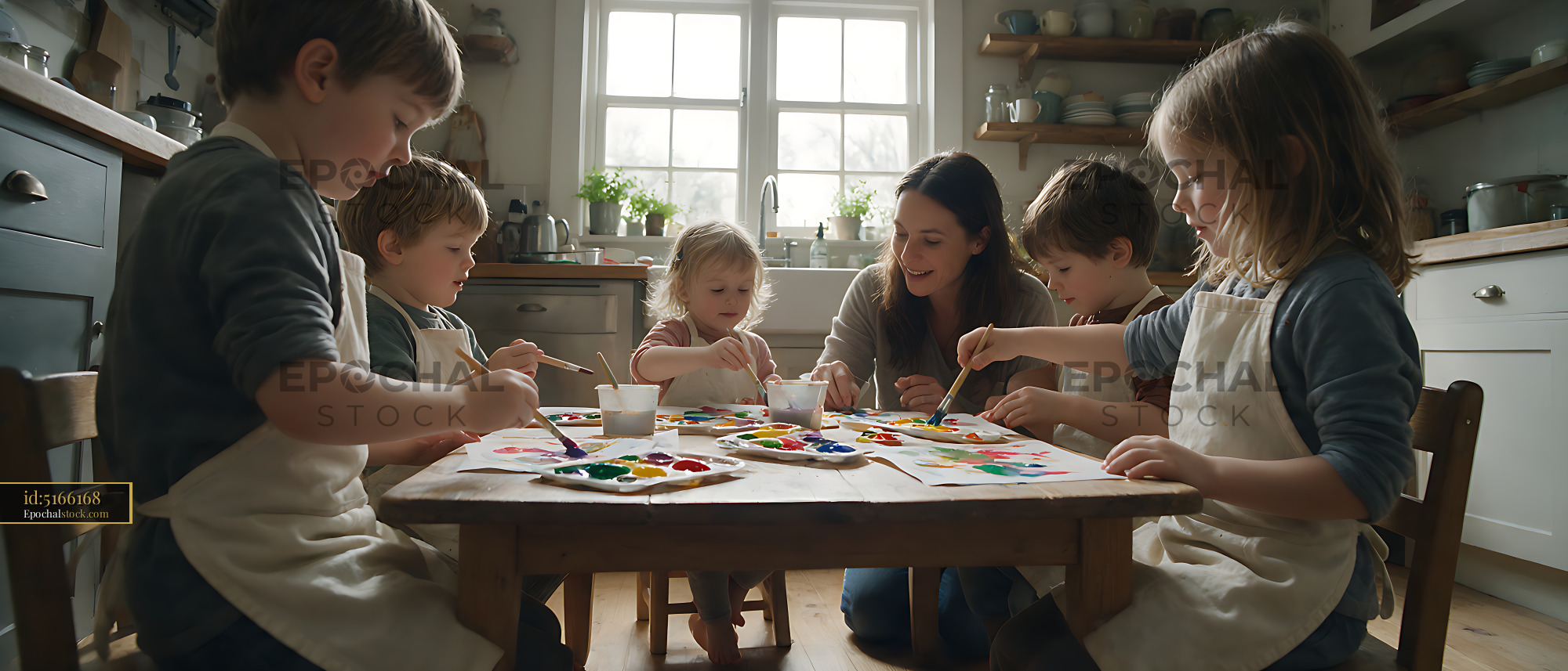 Watermarked full-resolution preview of Family painting activity around a kitchen table
