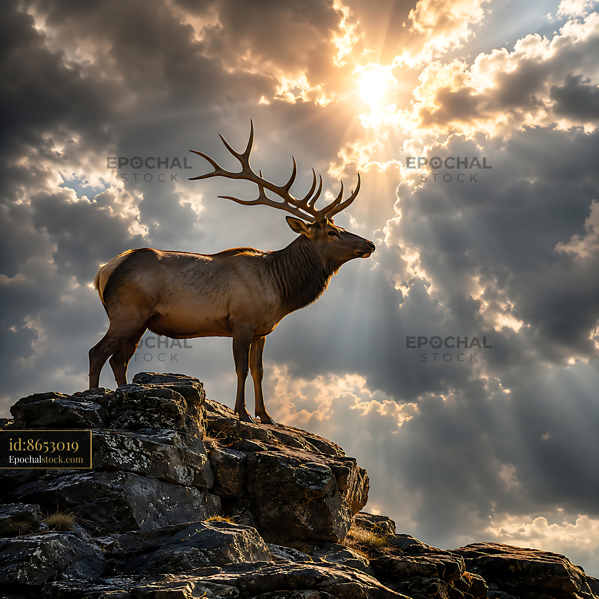 Watermarked full-resolution preview of Elk standing on rocks under sunlight and cloudy sky