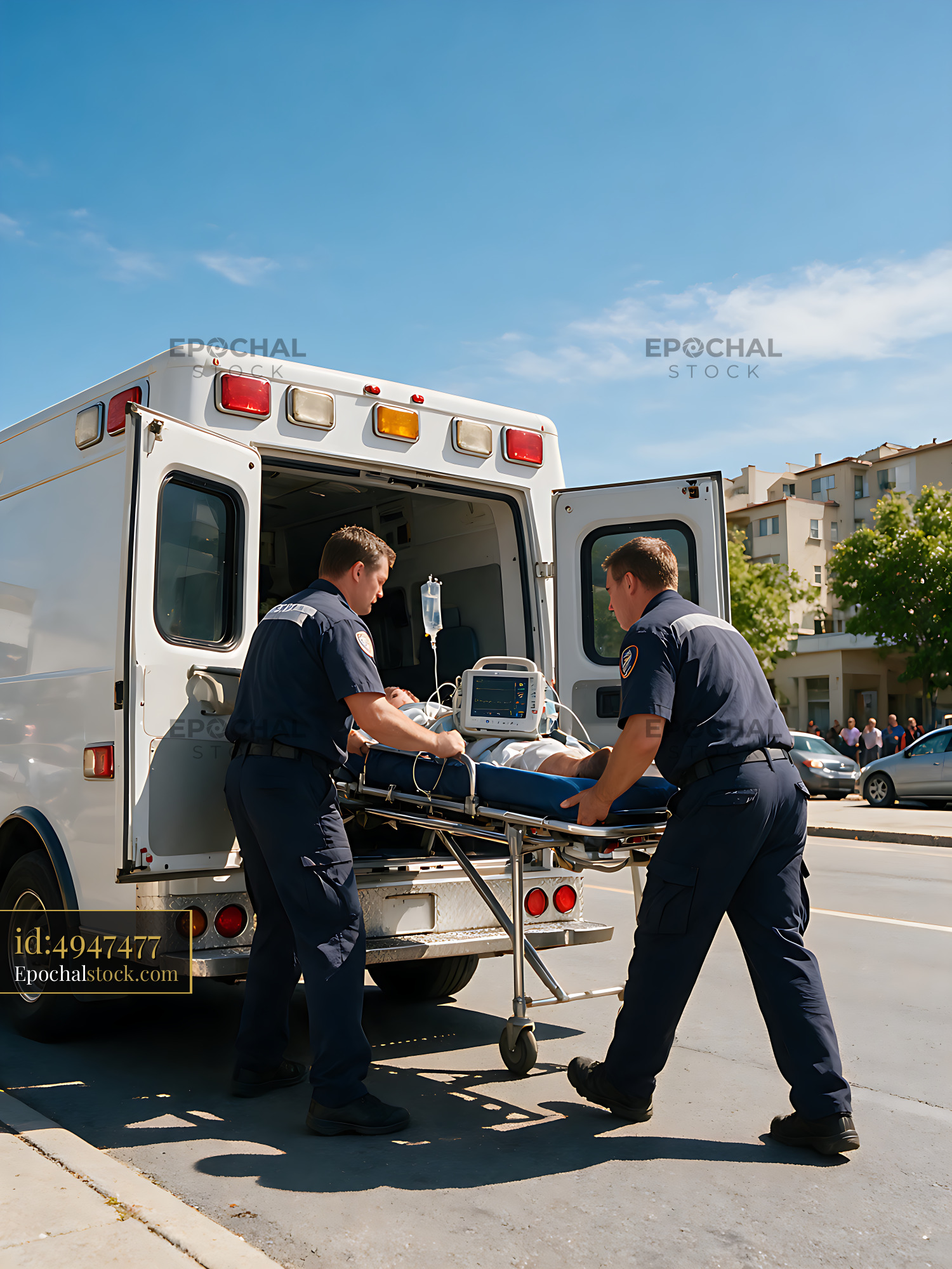 Watermarked full-resolution preview of Two paramedics loading a stretcher into an ambulance