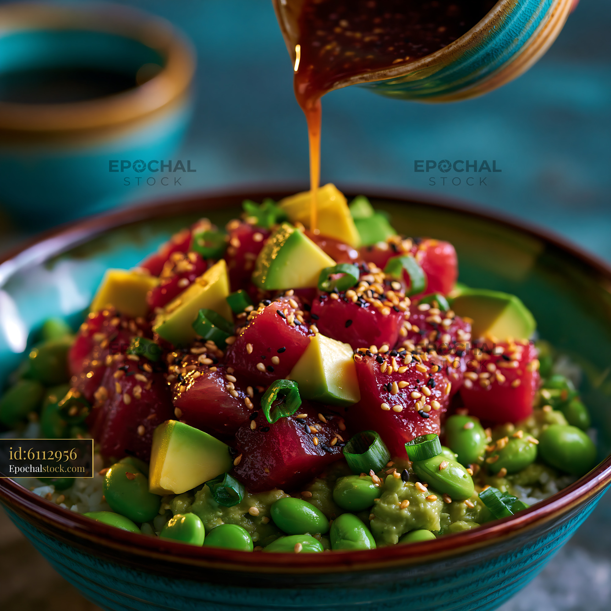 Watermarked full-resolution preview of Tuna poke bowl with avocado and edamame in a bowl