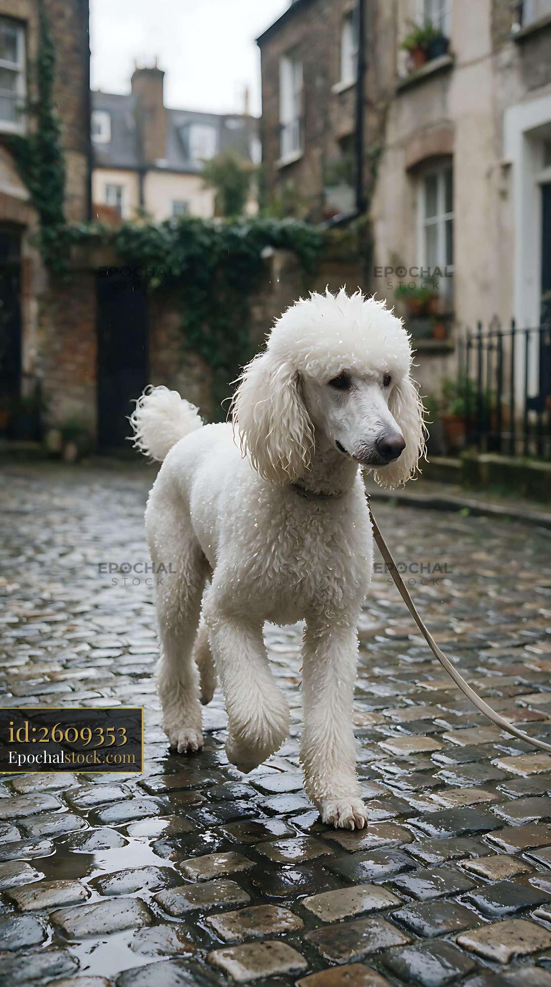 Watermarked full-resolution preview of White poodle on a rainy cobblestone street