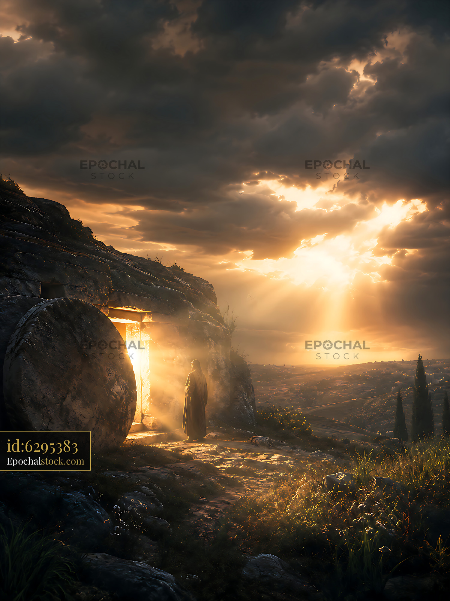 Mysterious Figure Stands by Ancient Door at Sunset - stock photo