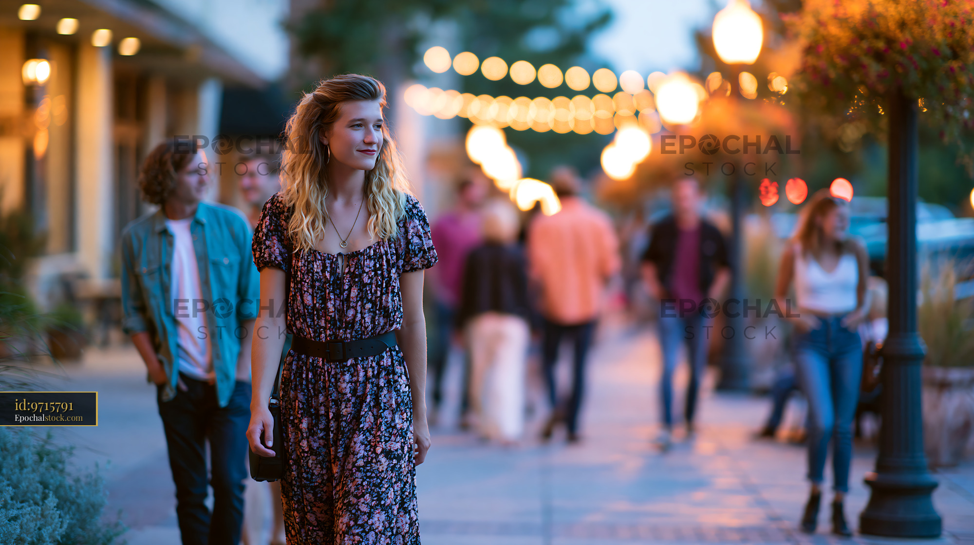 Watermarked full-resolution preview of Evening stroll on a decorated street with warm lights and friends