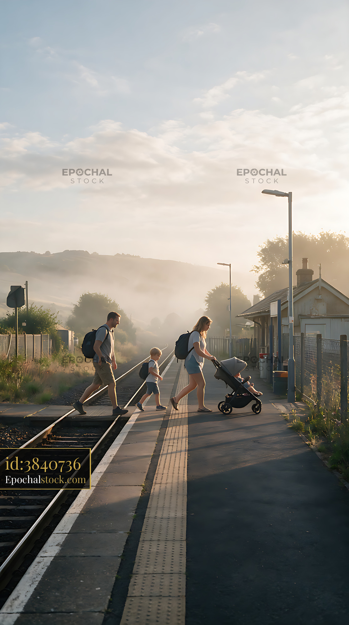 Watermarked full-resolution preview of Family walking across a rural railway platform