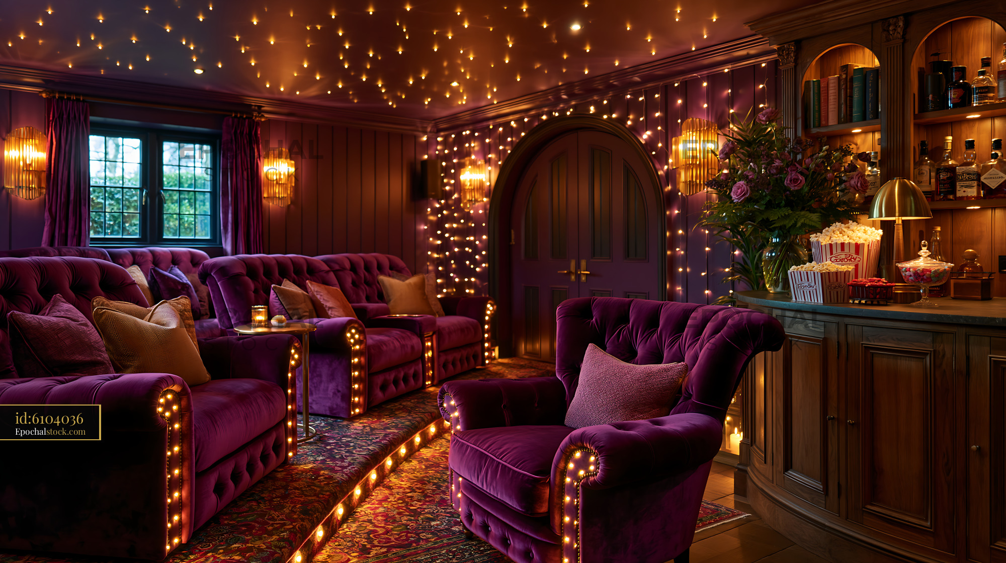 Luxurious Basement Home Cinema With Velvet Seating and Warm Lighting - stock photo