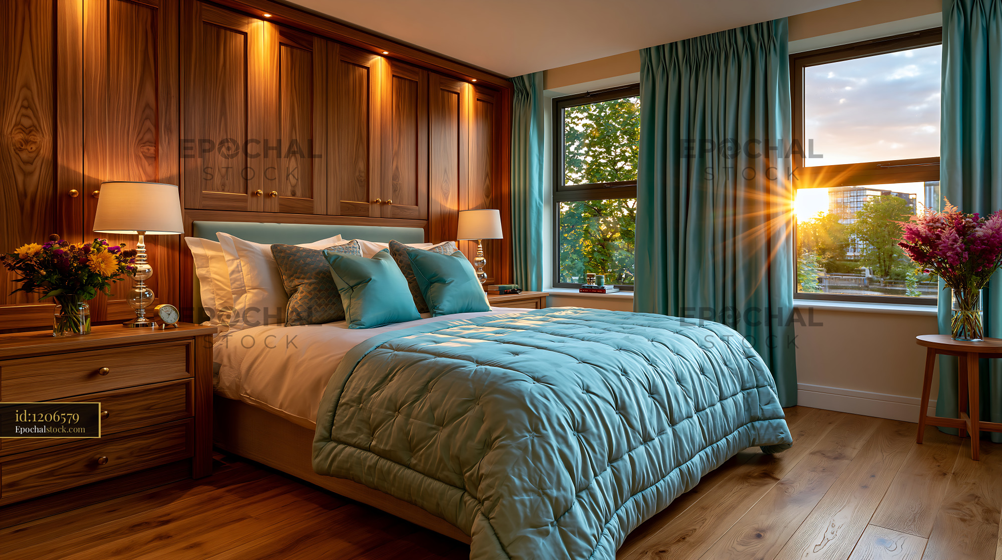Watermarked full-resolution preview of Cozy bedroom with large windows and natural light