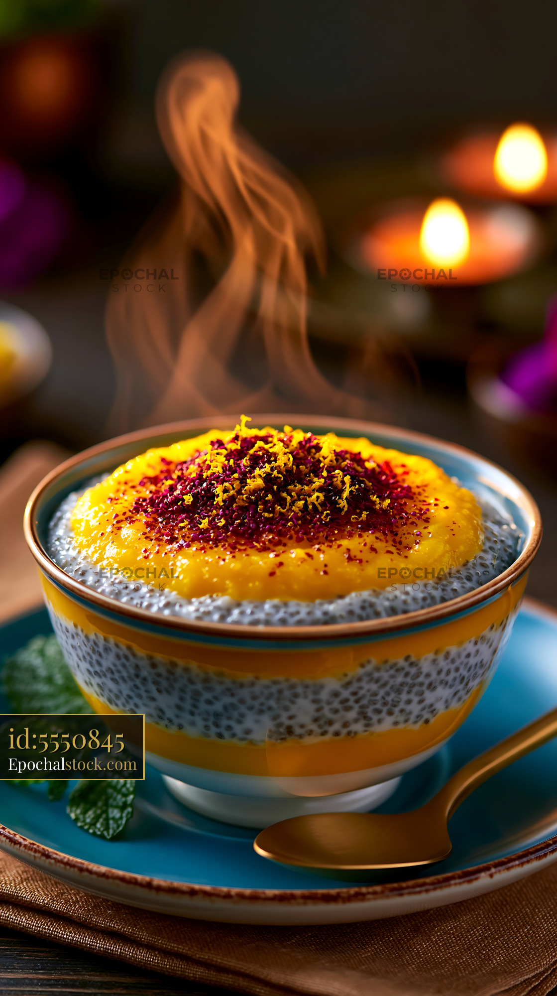 Watermarked full-resolution preview of Chia pudding with mango topping served in a bowl