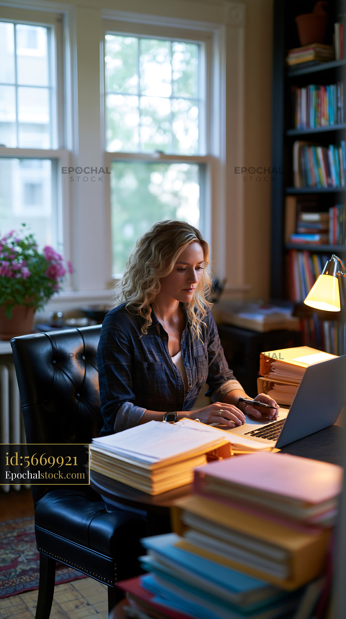 Watermarked full-resolution preview of Woman working at desk with computer and books in home office