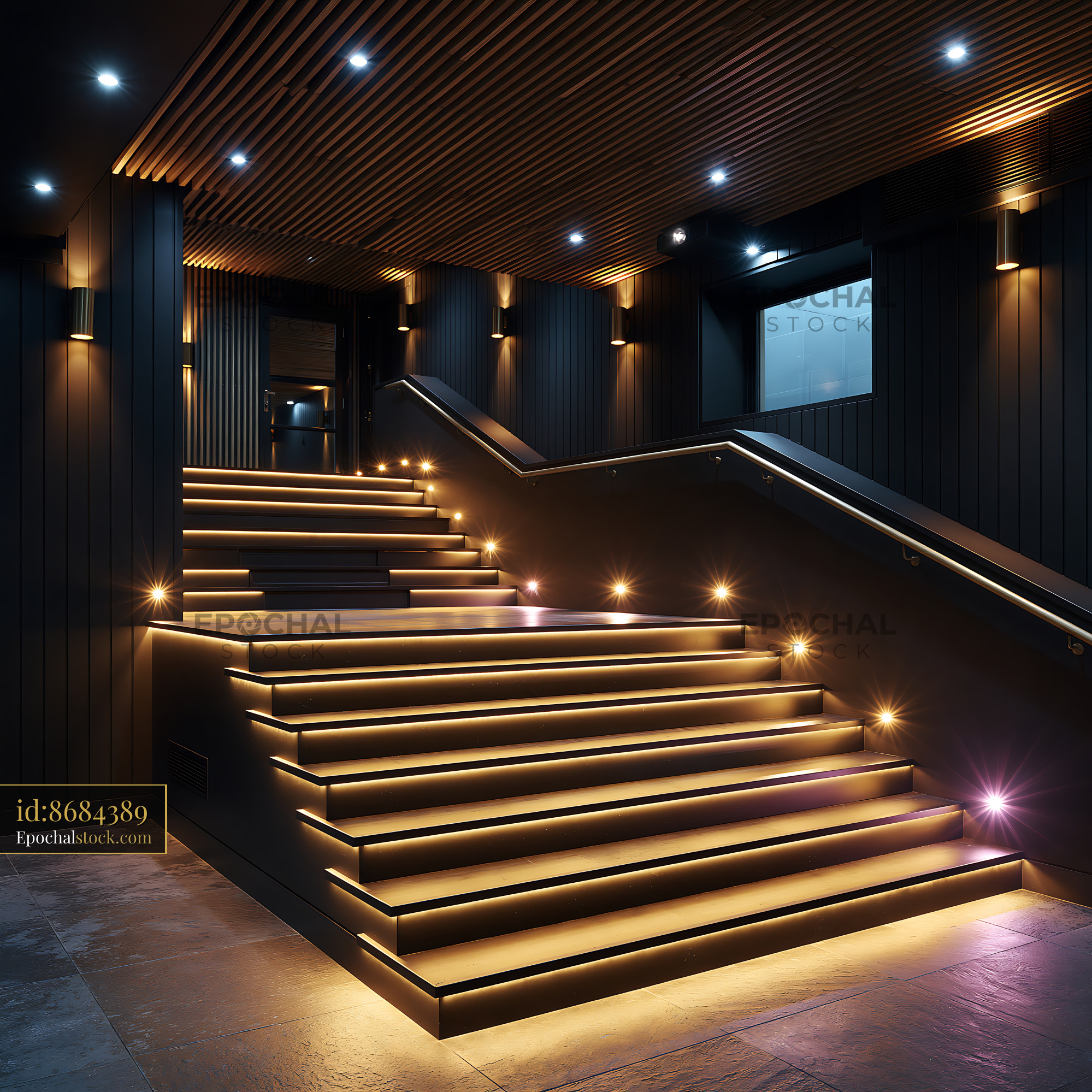 Watermarked full-resolution preview of Staircase with modern lighting in dark interior