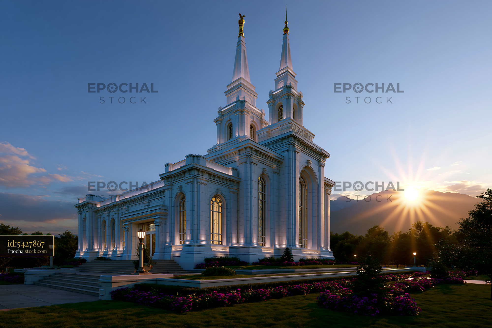 Watermarked full-resolution preview of Sunrise at a white temple with spires in a mountainous area