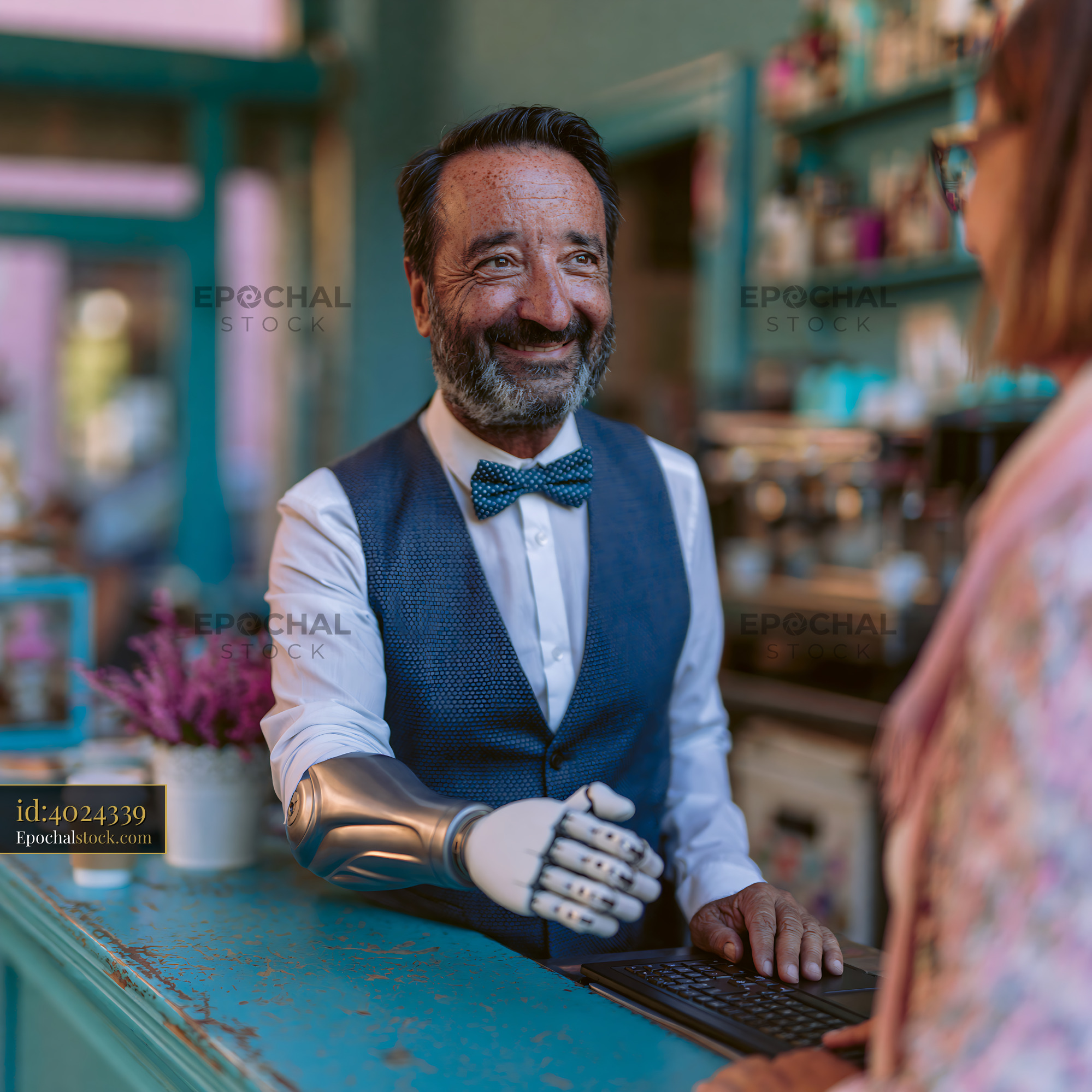 Watermarked full-resolution preview of Barista with prosthetic arm serves coffee to customer