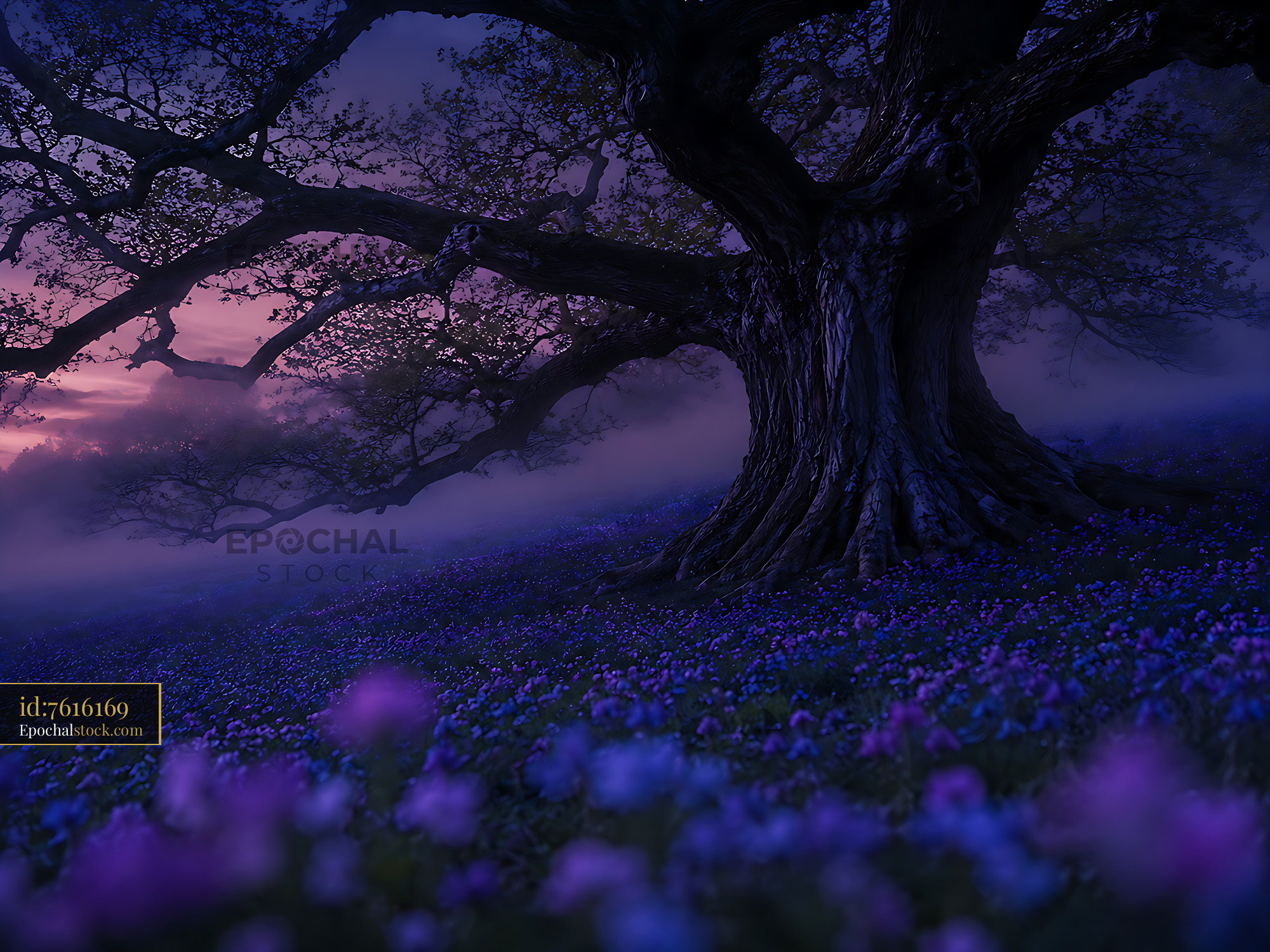 Watermarked full-resolution preview of Majestic tree overlooking a field of purple flowers at sunset