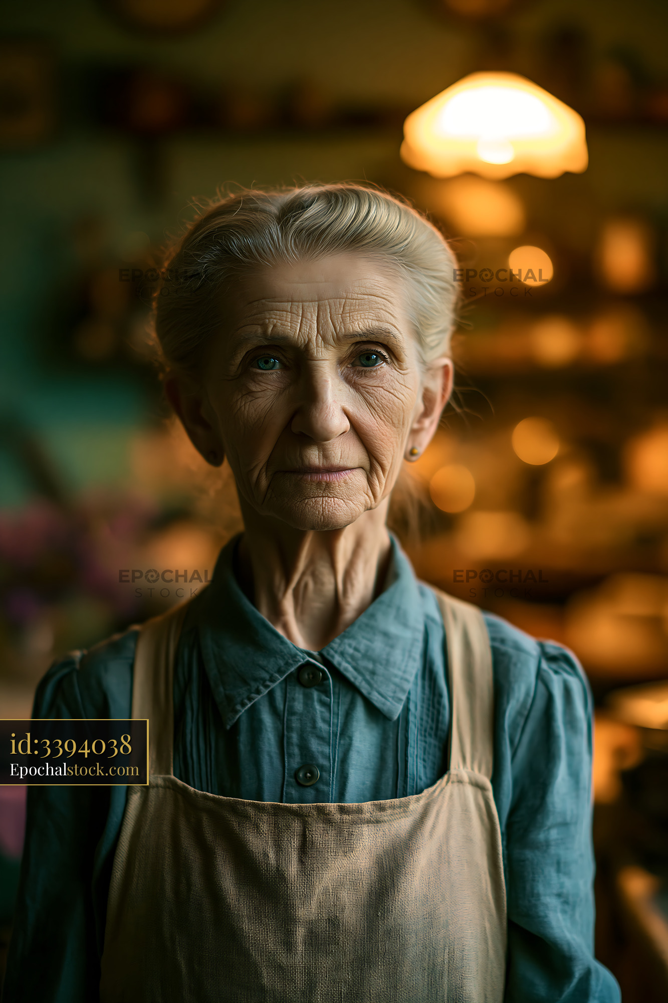 Watermarked full-resolution preview of Elderly woman in apron stands in cozy kitchen setting