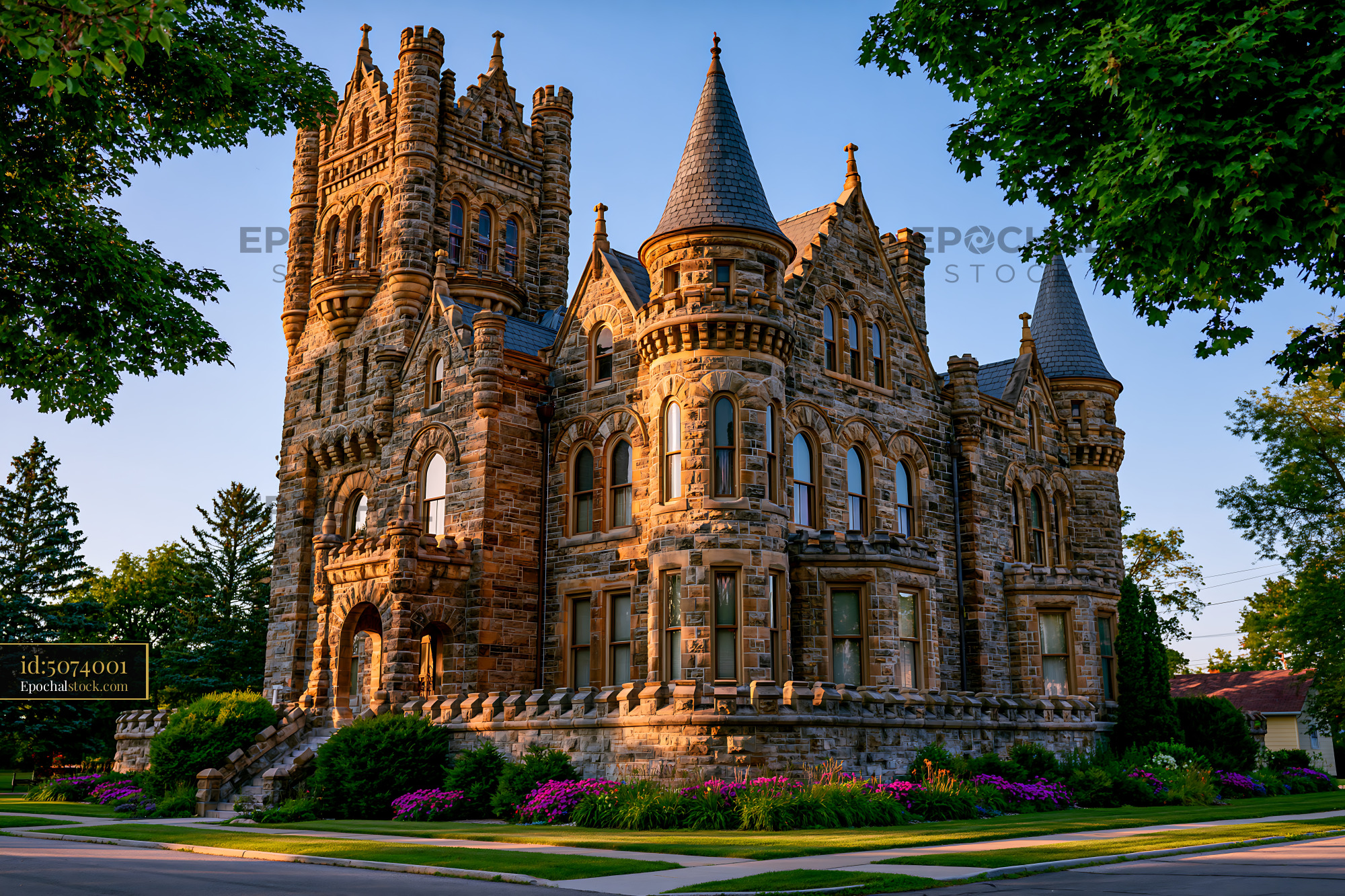 Watermarked full-resolution preview of Historic castle with towers and stone walls in evening light