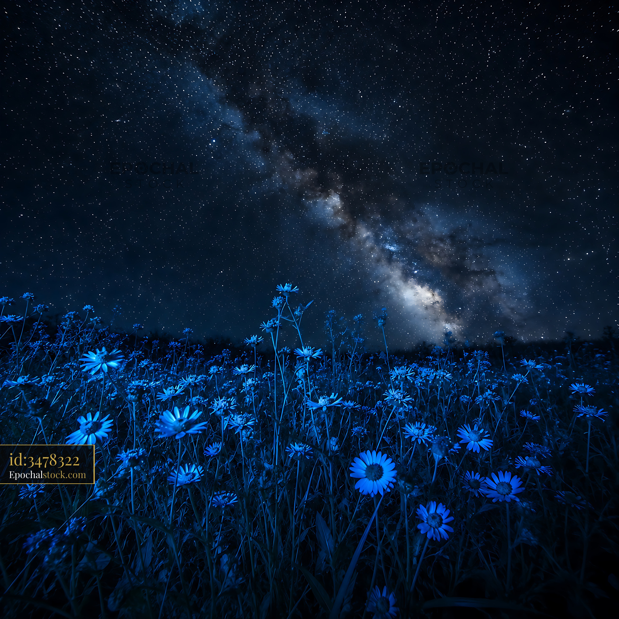 Watermarked full-resolution preview of Night sky with stars and blue flowers in a field