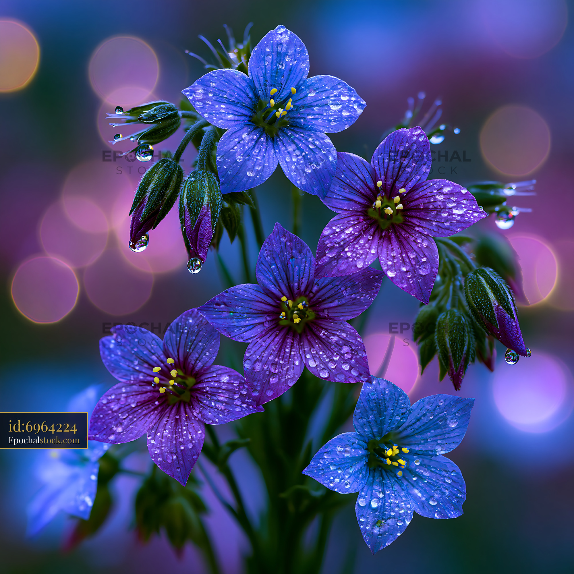 Watermarked full-resolution preview of Colorful flowers with dew drops on blurred background