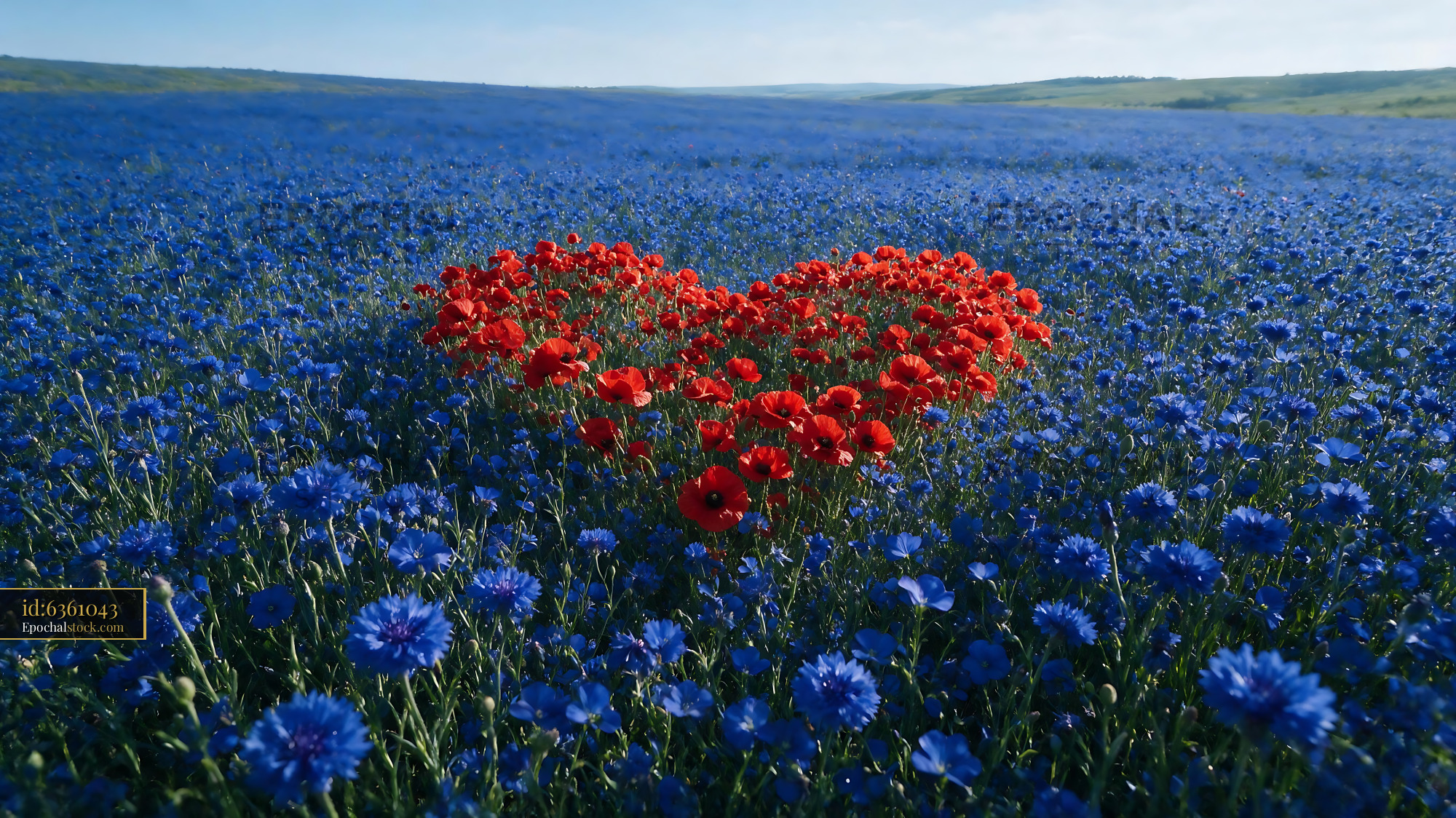 Watermarked full-resolution preview of Colorful heart shape formed by flowers in a vast field