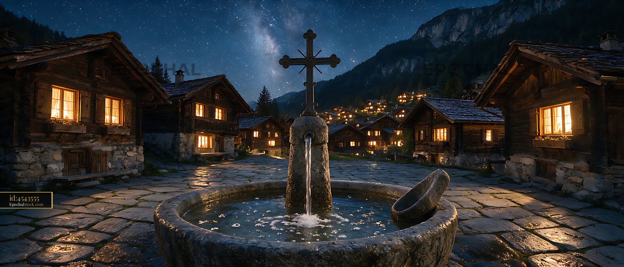 Watermarked full-resolution preview of Stone fountain in a Swiss alpine village at night