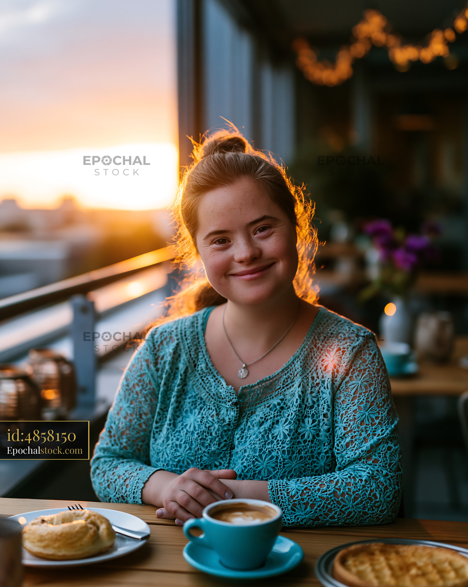 Watermarked full-resolution preview of Smiling young woman at cafe during sunset