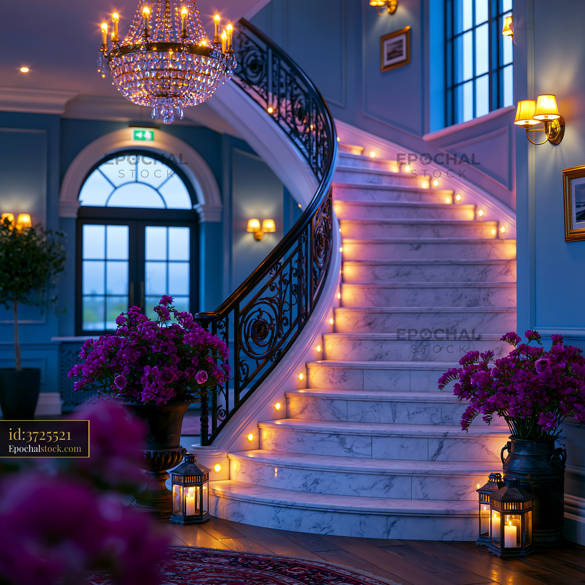 Watermarked full-resolution preview of Elegant staircase with flowers and lighting at dusk