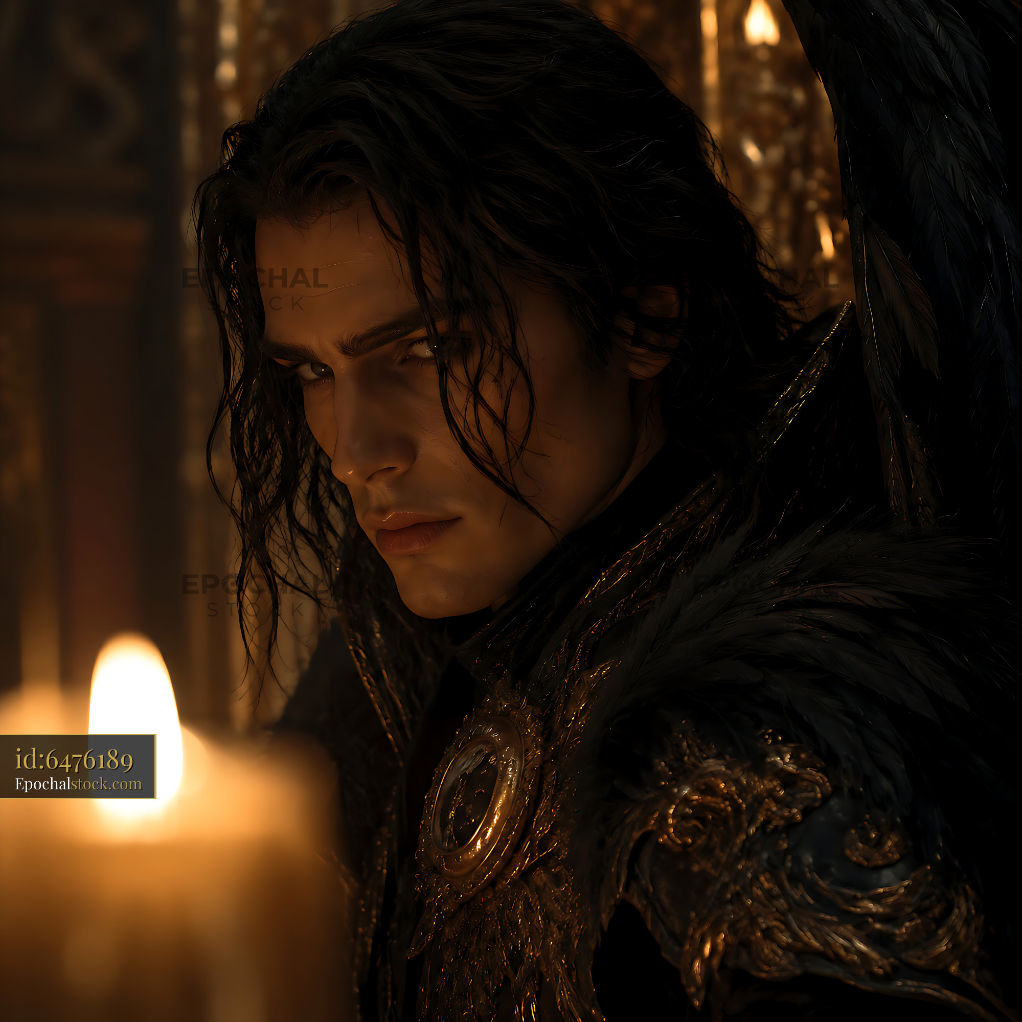 Male Figure in Dark Costume Gazes Intently at Candle Light - stock photo